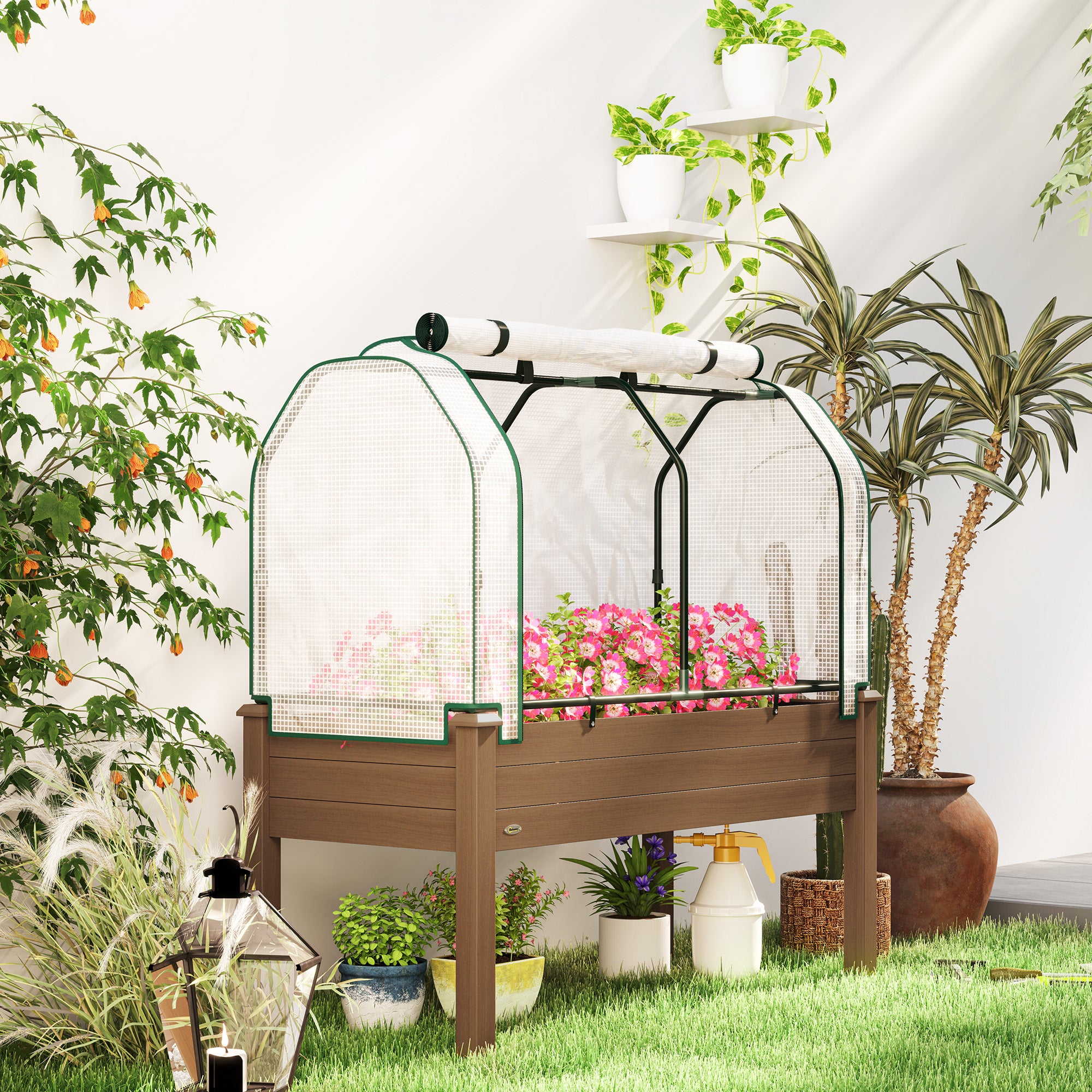Raised Garden Bed with PE Greenhouse Cover Outdoor Planter Box for Herbs and Vegetables, 48 x 22 x 46 inch, Brown - Brown - Image 8