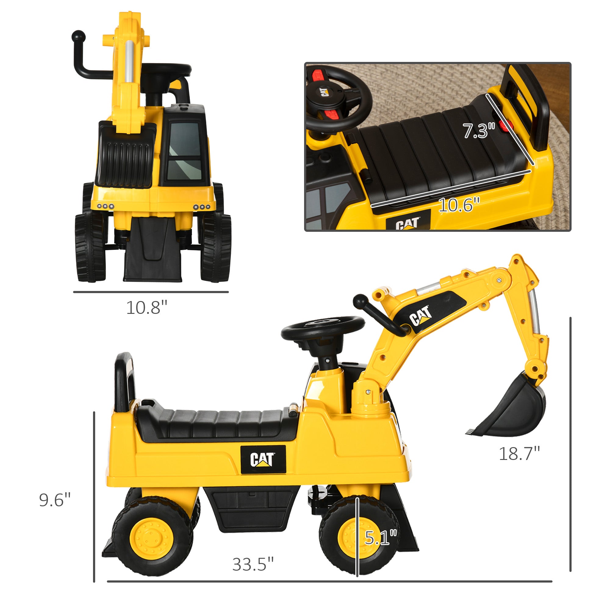 Kids Excavator Ride on Toy CAT Licensed with Manual Shovel, Horn, Hidden Storage for 18-36 Months, Yellow