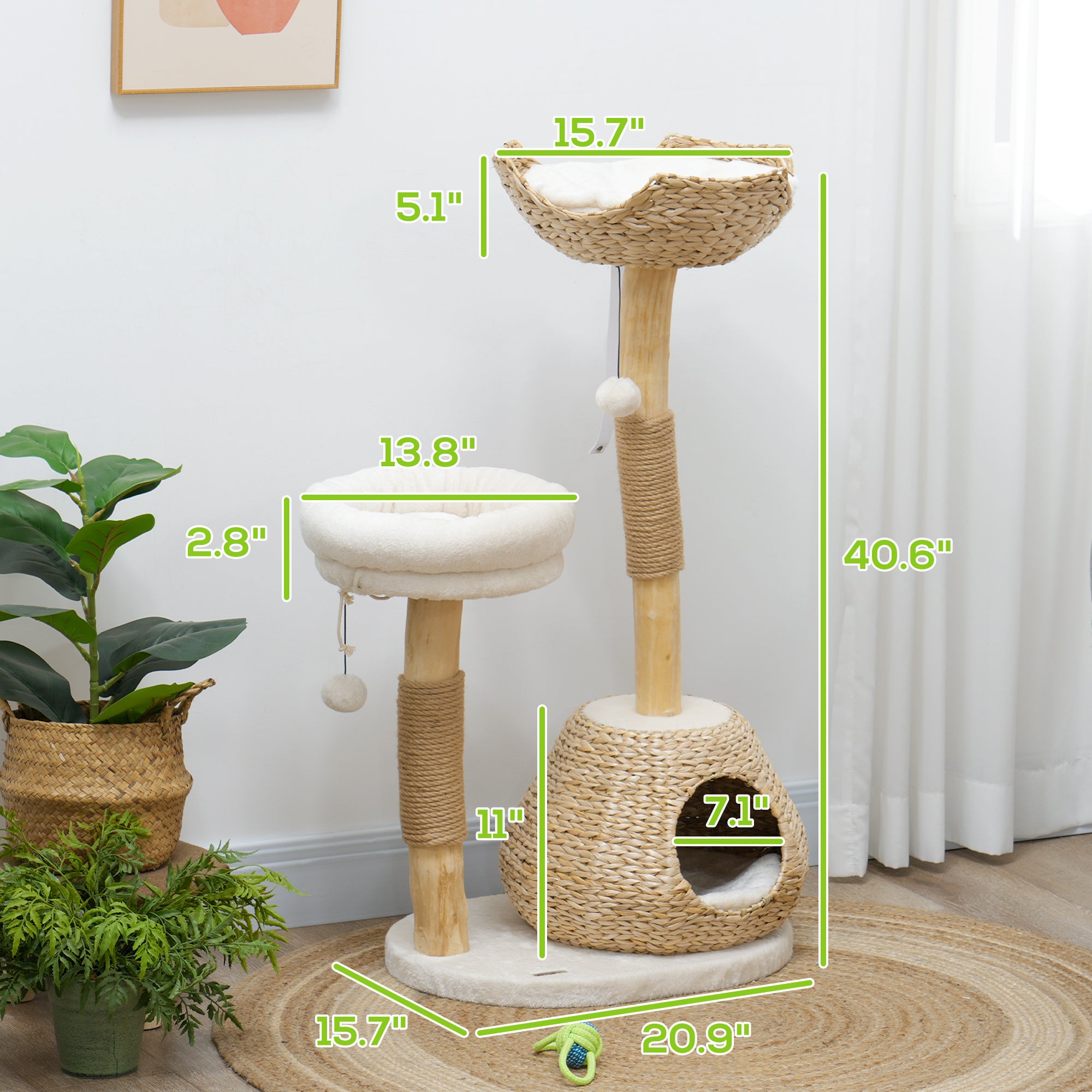 41" Cat Tree for Indoor Cats with Wooden Cat Scratching Posts, Cat Condo, Cat Beds & Toy Balls, Cream White - Cream White - Image 3