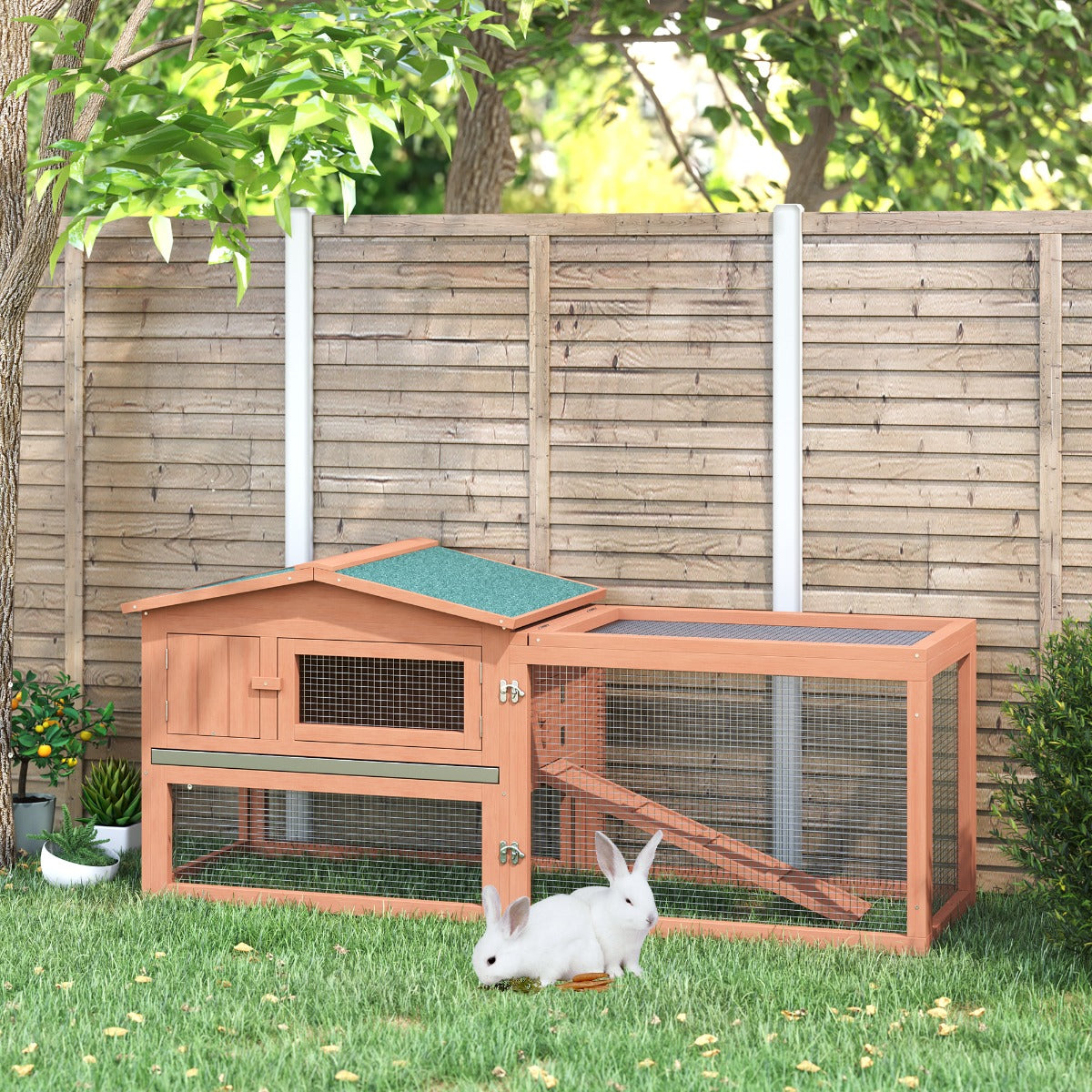 Rabbit Cage Outdoor, 62" Wooden Outdoor Rabbit Hutch, Small Animal Habitat with Detachable Run and Elevated Main House, Natural - Natural Wood - Image 2