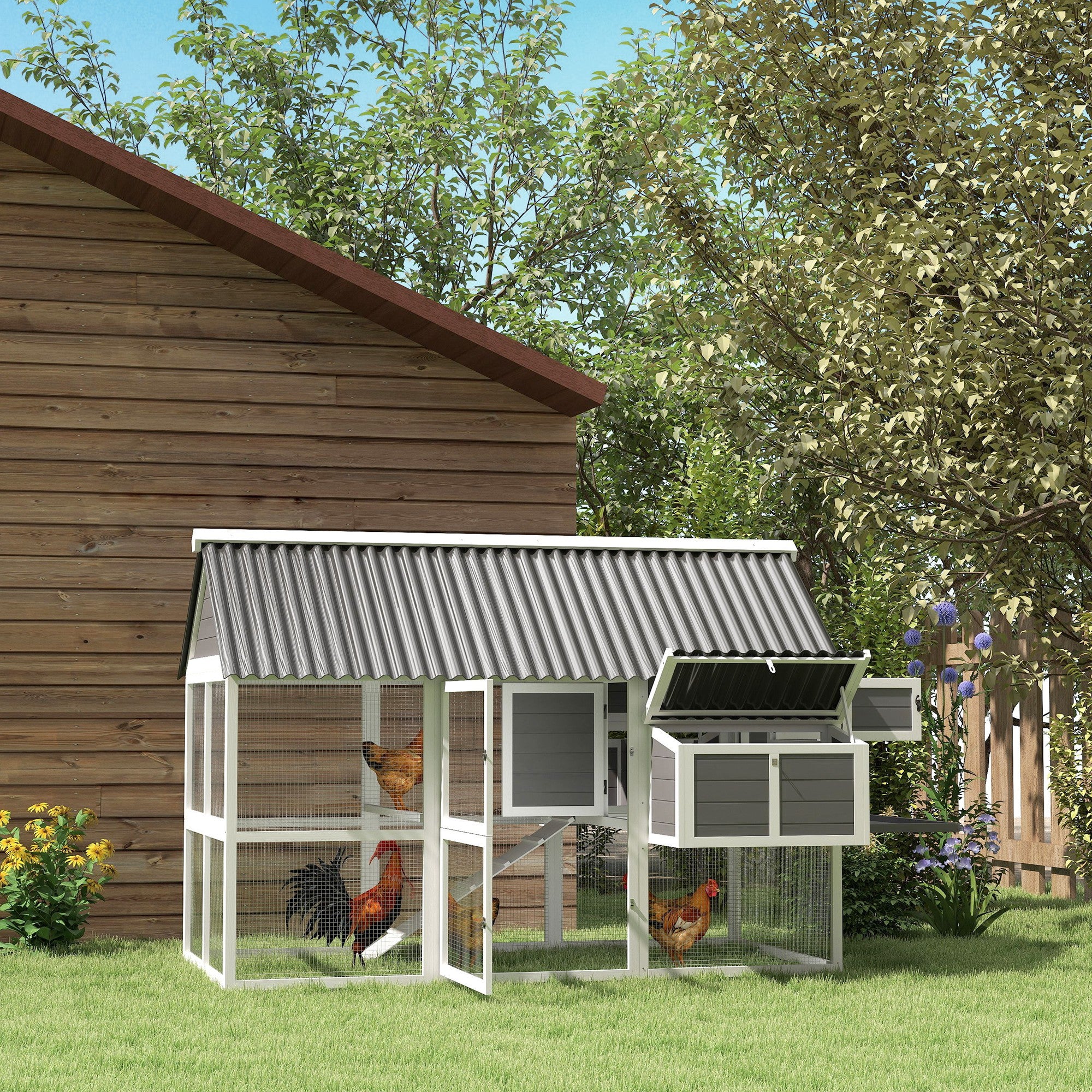 Wooden Chicken Coop with Run, 2 Nesting Boxes, 2 Roosting Bars, Ramp & Tray, Poultry Cage for 6-8 Chickens, Gray - Gray - Image 8