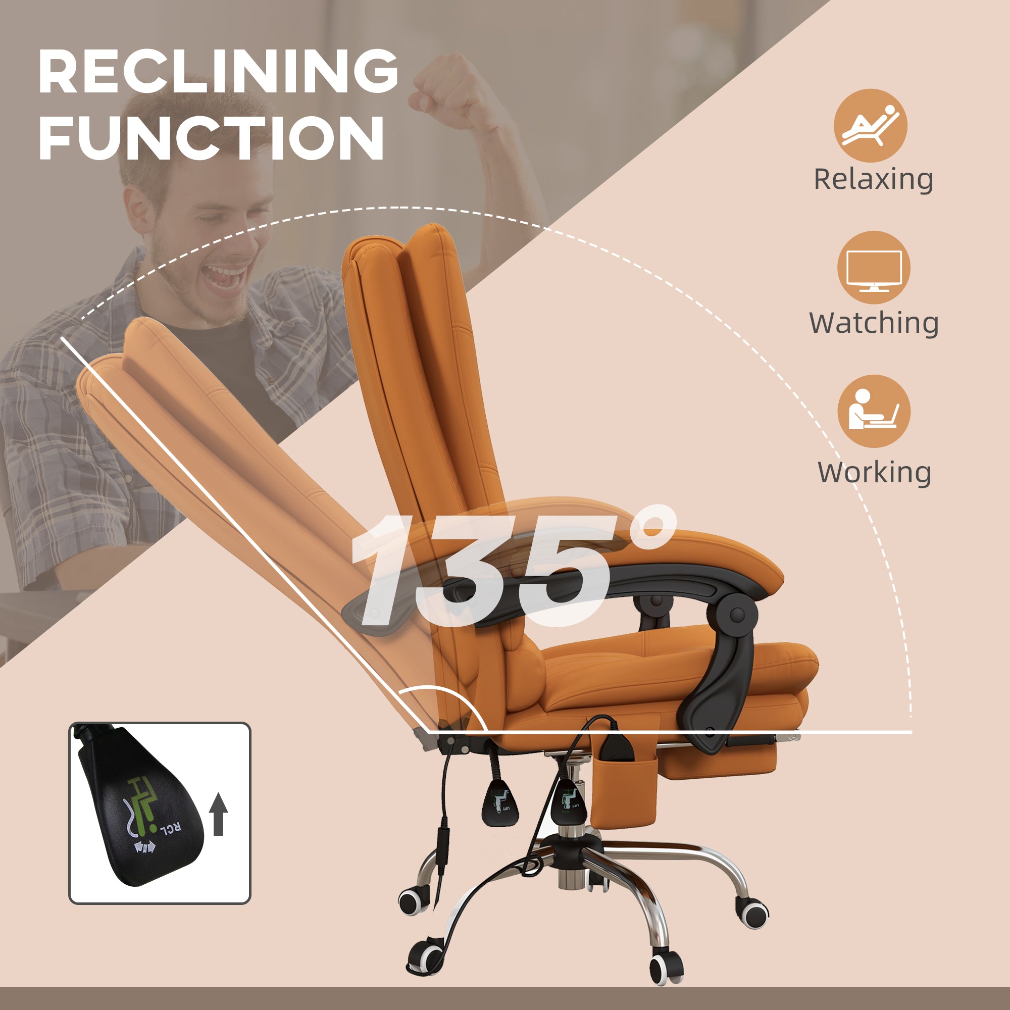 PU Leather Executive Massage Office Chair with 4 Vibration, Reclining w/ Adjustable Height, Swivel Wheels, Light Brown