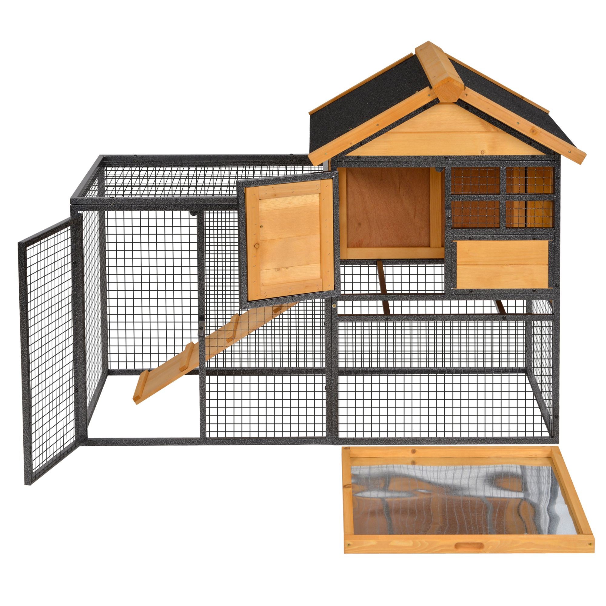 Outdoor Rabbit Cage Elevated Pet House w/ Slide-Out Tray, Natural Wood & Black - Light Yellow - Image 8