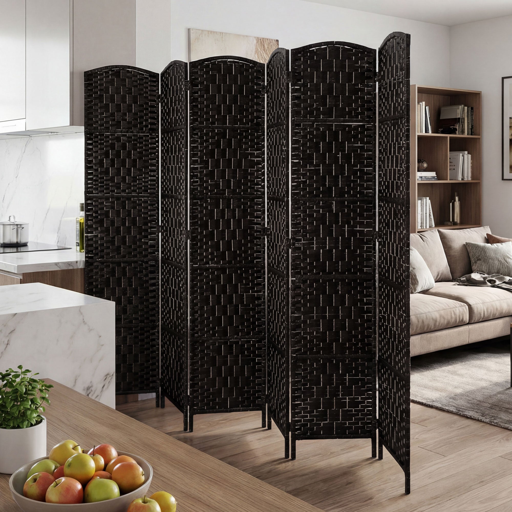 Room Divider, 6 Panel Folding Privacy Screen, 6FT Tall Portable Weave Partition Wall Divider for Bedroom, Coffee