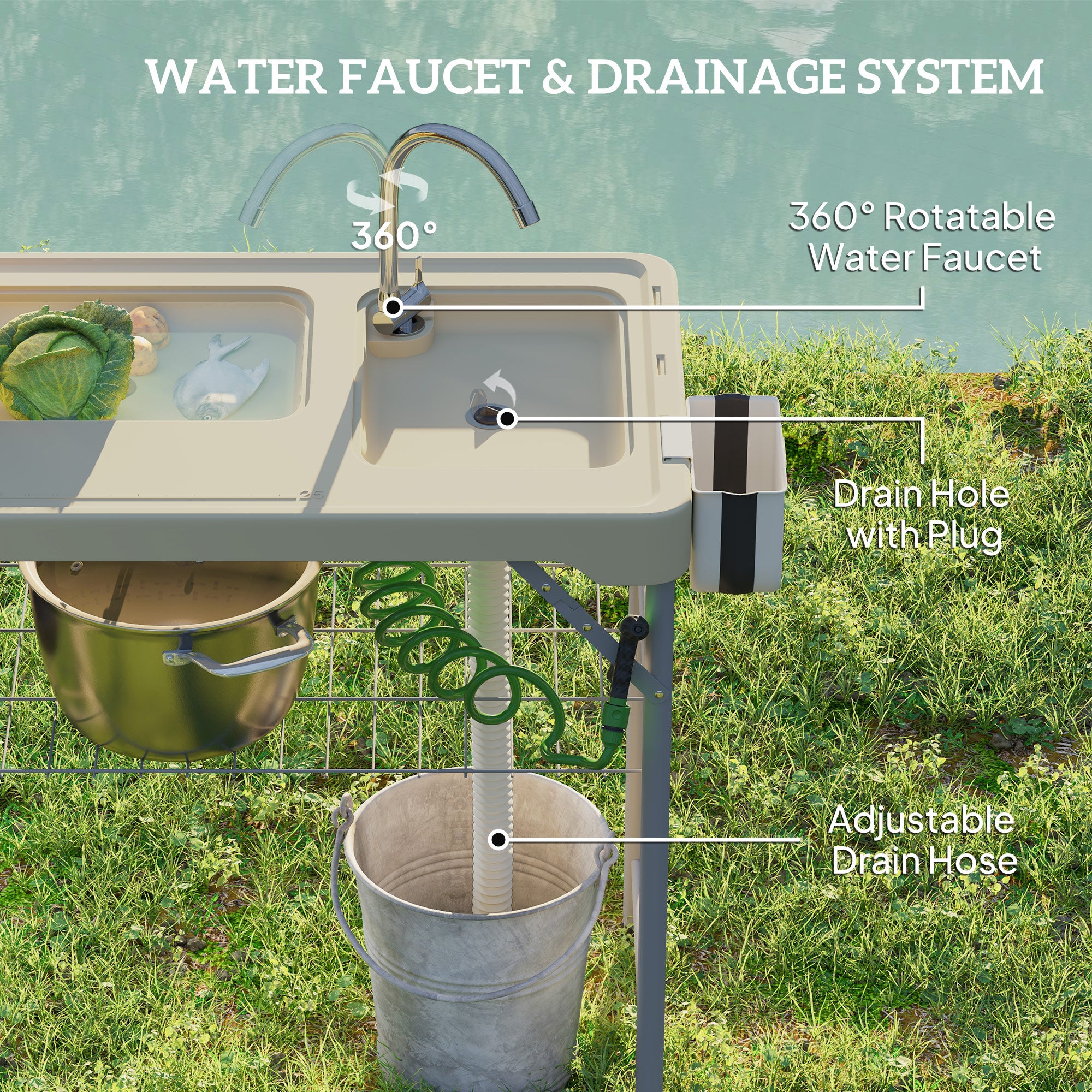 Folding Fish Cleaning Table with Sinks, Portable Camping Sink Table with Faucet, Drainage Hose, Sprayer, Shelf, Drawer and Storage Basket, Outdoor Fillet Table for Picnic Beach Patio, Tan