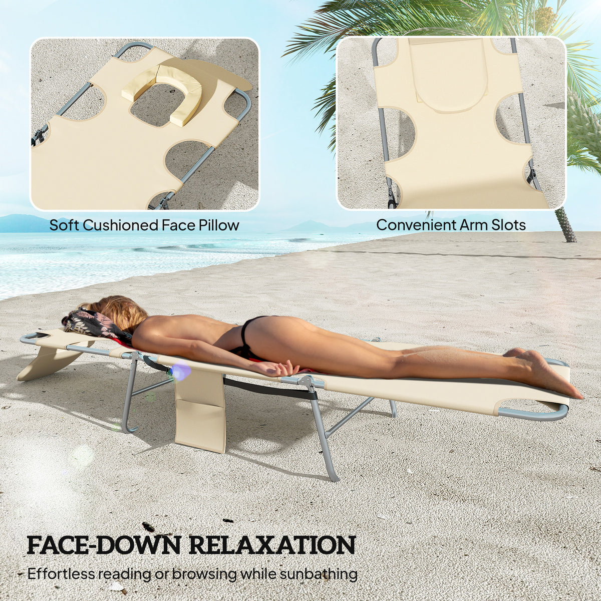 2 Tanning Chairs with Face Hole, 5-Level Adjustable Outdoor Chaise Lounge Chair with Pillow for Beach, Pool, Beige