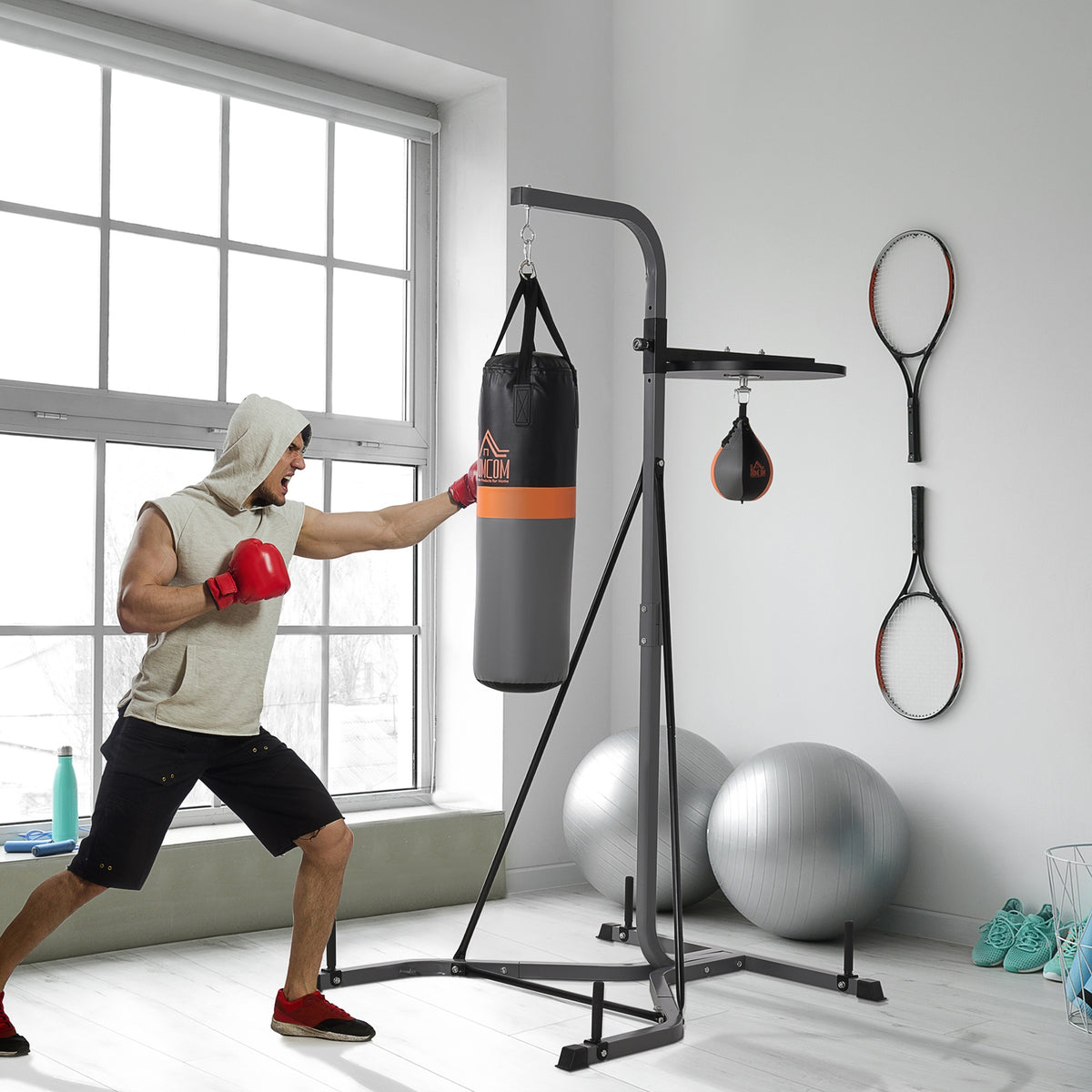 2-in-1 Punching Bag with Stand for Adults, 65.7"-73.6" Height Adjustable Freestanding Heavy Bag Stand with Speedball