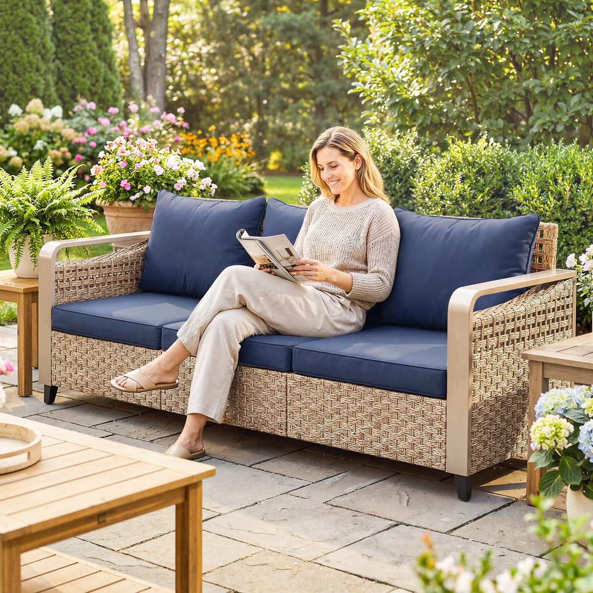 Rattan Wicker Sofa 3-Seater Outdoor Patio Sofa with Cushions for Garden Backyard Porch Dark Blue