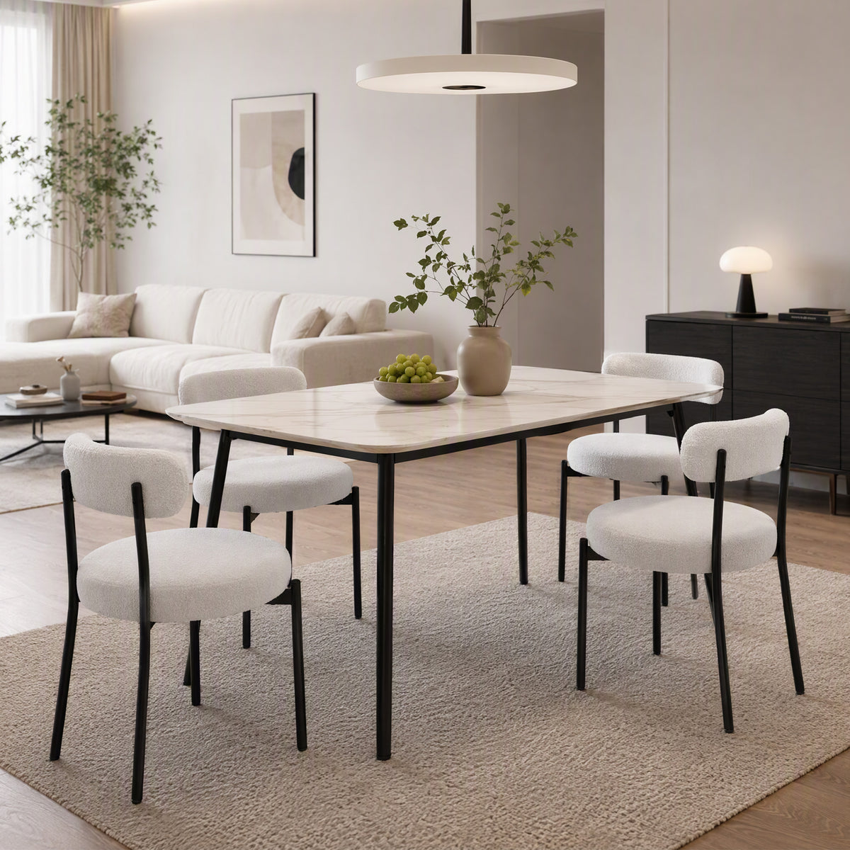 Round Modern Upholstered Kitchen Chairs, Boucle Dining Chairs Set of 4 with Curved Backrest and Thick Cushion, White