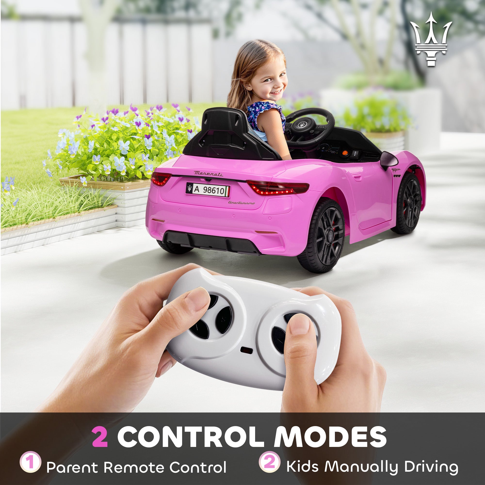 Maserati Gran Turismo Licensed 12V Kids Electric Car w/ Remote Control, Soft Start, LED Lights, Music, Horn, Pink