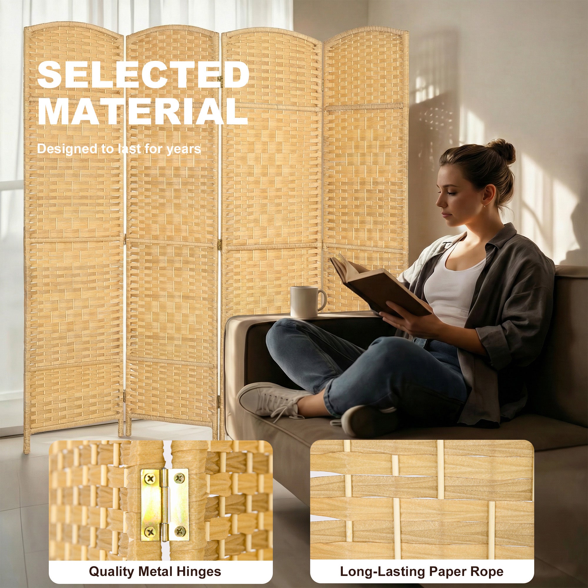 Folding Room Divider Screen 4 Panel 6' Tall Privacy Screen Freestanding Wood Partition for Home Office, Nature Wood