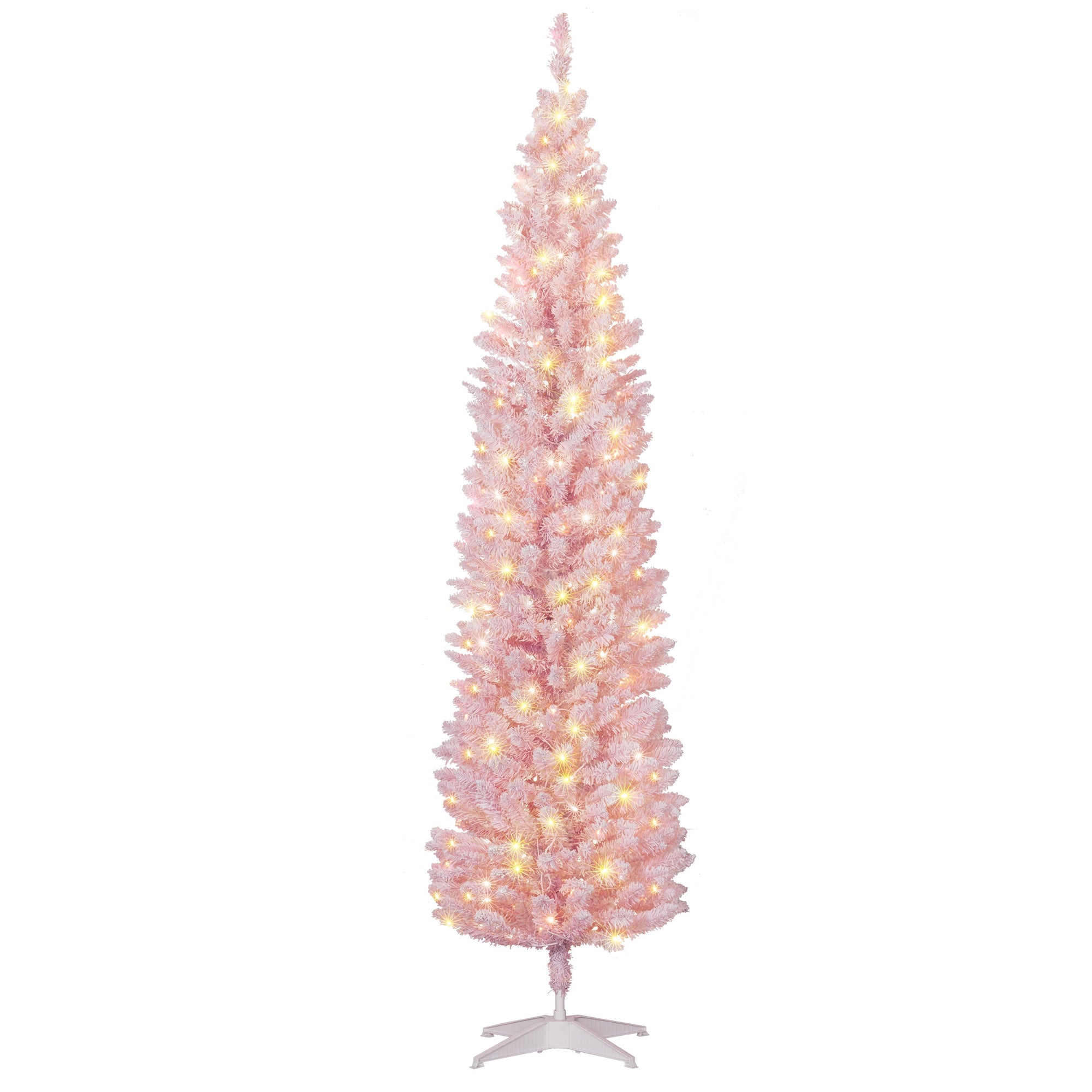 7ft Pencil Christmas Tree, Slim Artificial Christmas Tree with Snow Flocked Branches and Warm White LED Lights, Pink