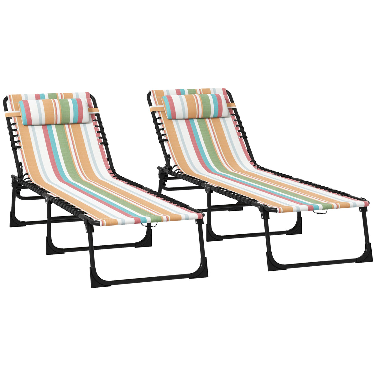 2 Folding Chaise Lounge Pool Chairs with 4-Position Reclining Back, Pillow, Breathable Mesh & Bungee Seat, Striped