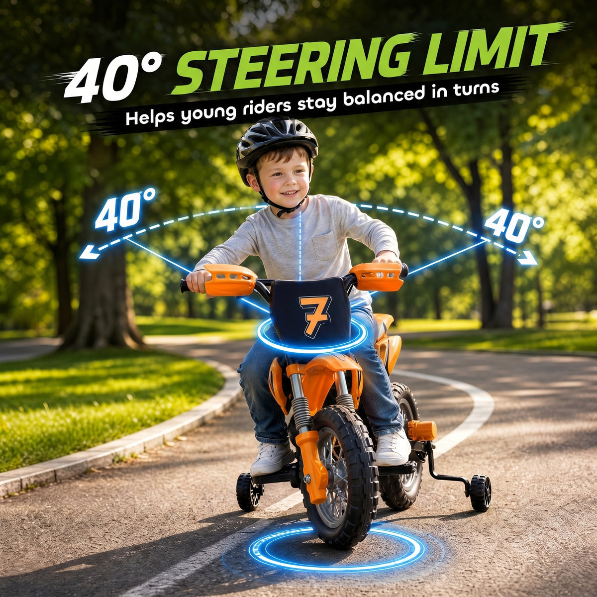 12V Kids Motorcycle, 2 x 35W Electric Dirt Bike with Training Wheels, Rear Suspension, Horn for 3-6 Years, Orange