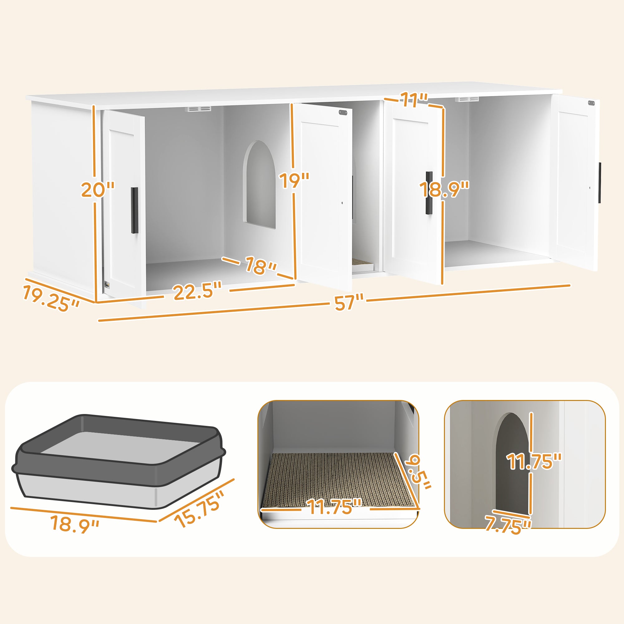 Cat Litter Box Enclosure with Double Room, Scratching Mat for 2 Cats, 57" x 19" x 20", White - White - Image 3