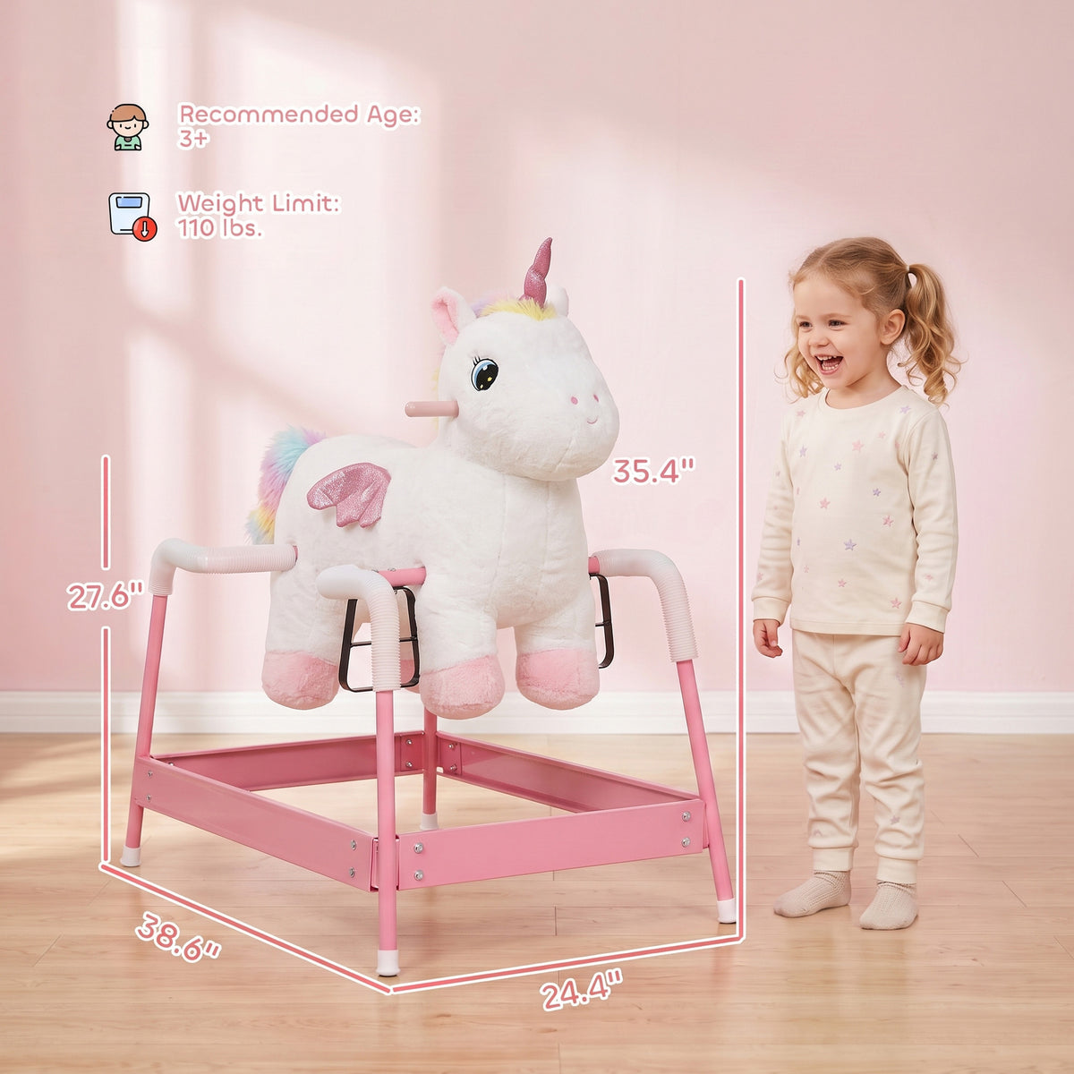 Kids Spring Rocking Horse, Unicorn Ride on Horse with Neighing Sounds, Plush Animal Ride on Toy for Ages 3+, White