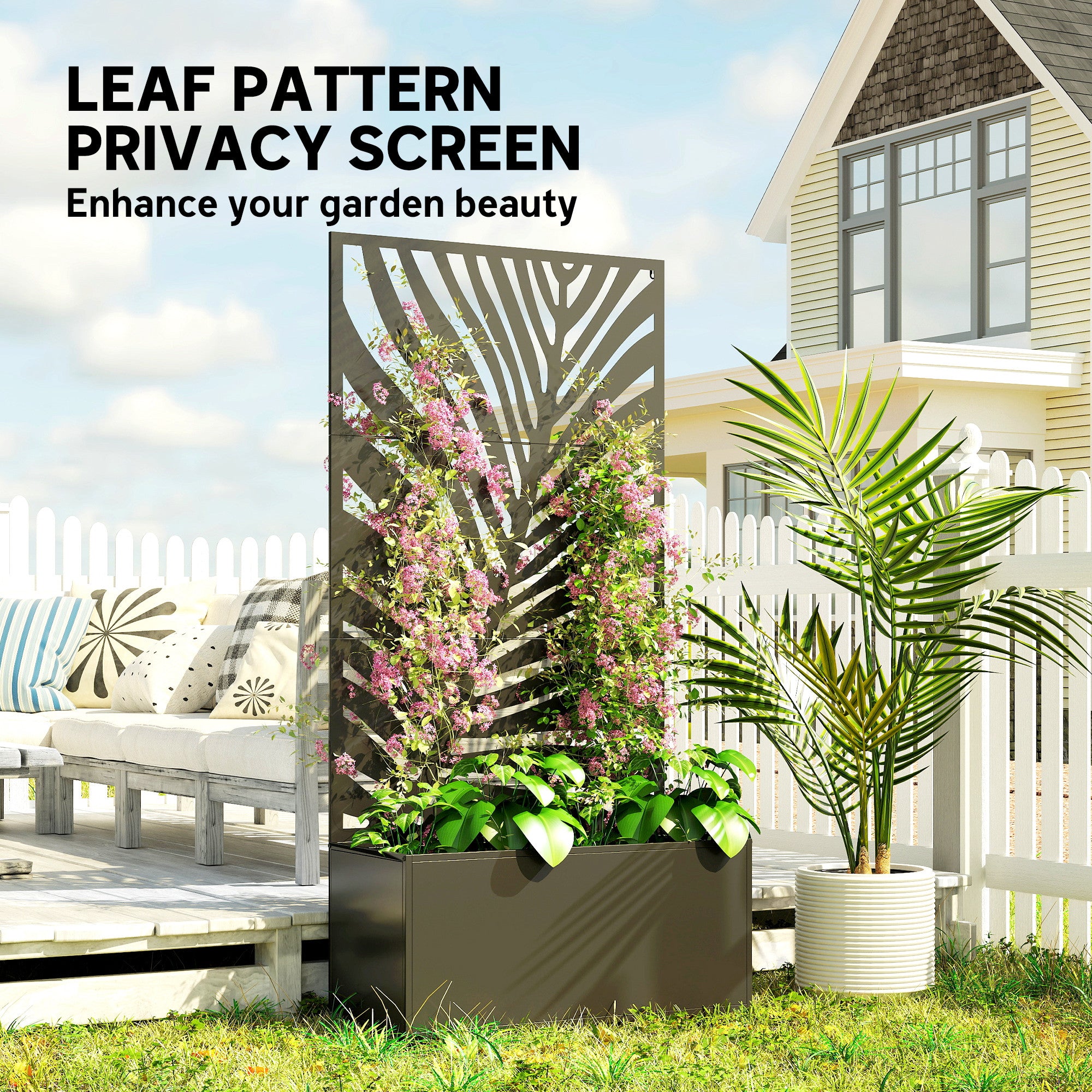 Metal Planter Box with Trellis, Raised Garden Bed with Trellis Large Leaf Cut-Out Privacy Screen for Climbing Plants - Black - Image 5