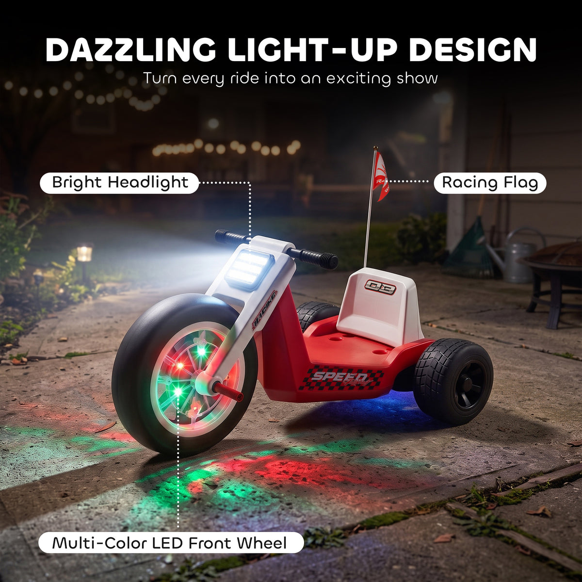 12V Electric Car for Kids, Electric Ride On Tricycle with Soft Start, Light-Up Wheel, Adjustable Seat for 3-6, Red