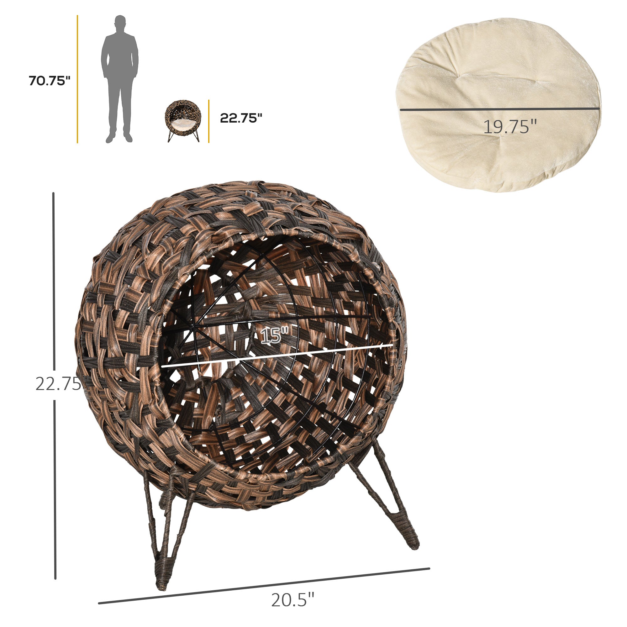 20.5" Weaved Cat Bed, Elevated Hand-woven Braided Banana Leaf Kitten House Condo with Cushion, Brown - Brown - Image 3