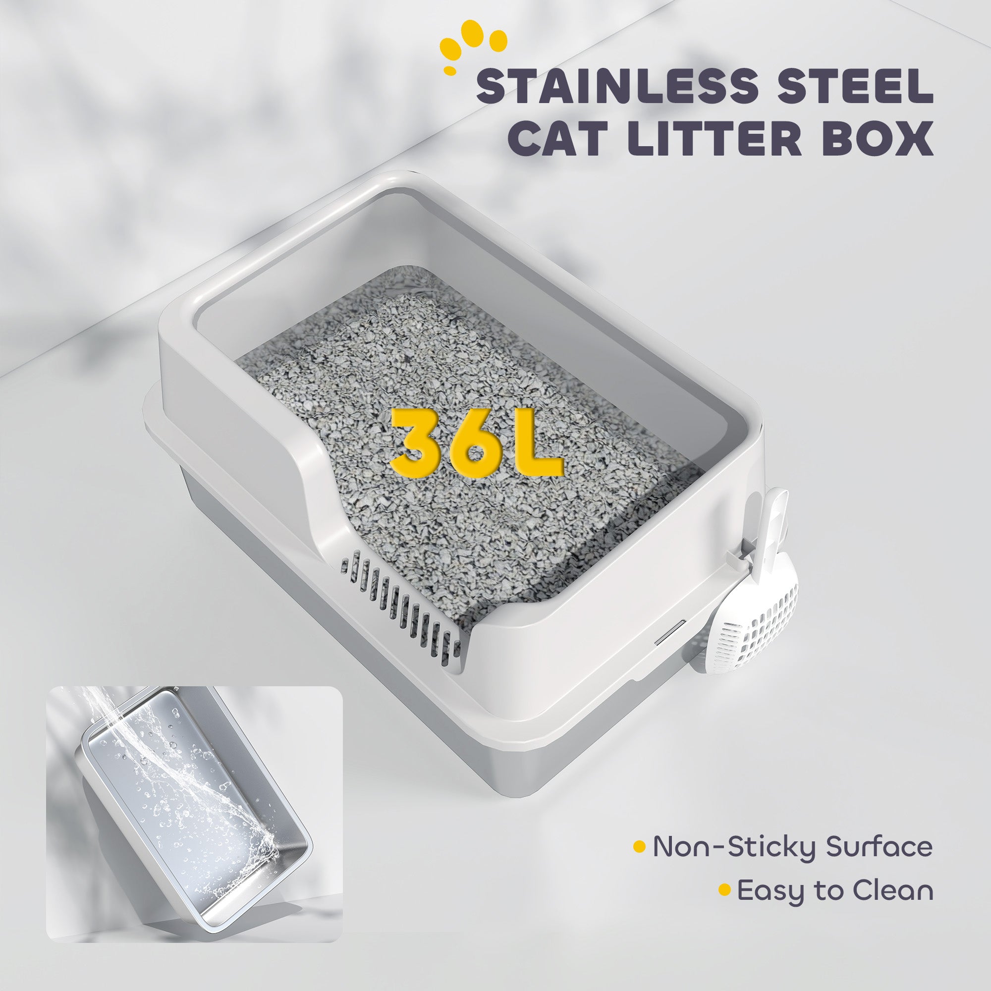 Stainless Steel Litter Box with High Side, Scoop, Easy Cleaning & Anti-Urine Leakage, for Big Cats, Light Gray - Light Gray - Image 5