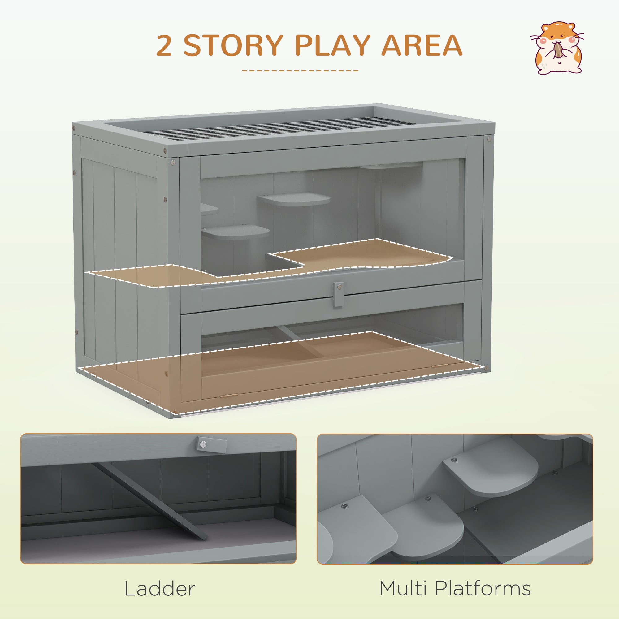 2-Level Hamster Cage with Openable Top, Door, Shelf, Ladder, Gray - Gray - Image 4