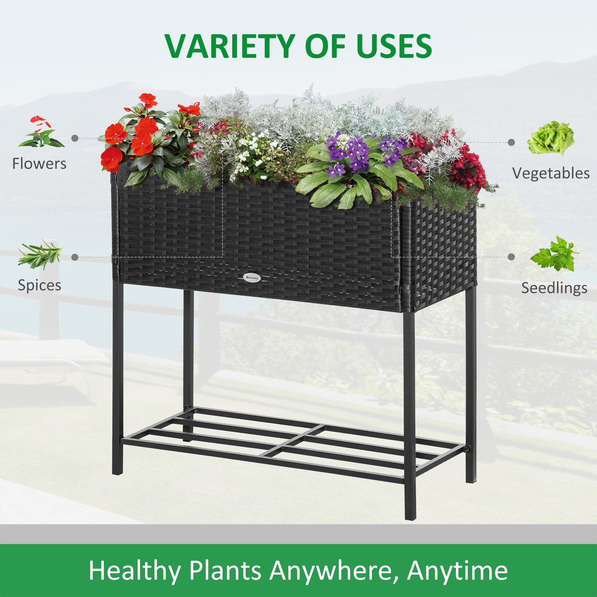 PE Rattan Wicker Raised Flower & Vegetable Planter, Rack Shelf Box - Black - Image 4