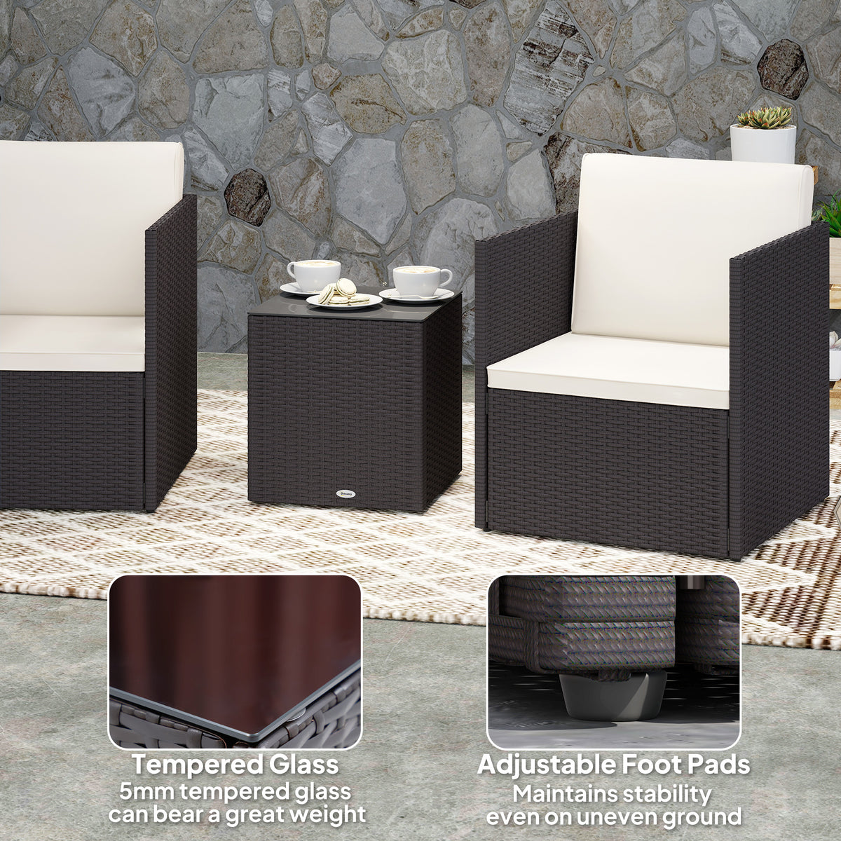 Folding Wicker Bistro Set, 3 Piece Patio Furniture Set with Cushions and Glass Coffee Table for Porch, Balcony, Brown