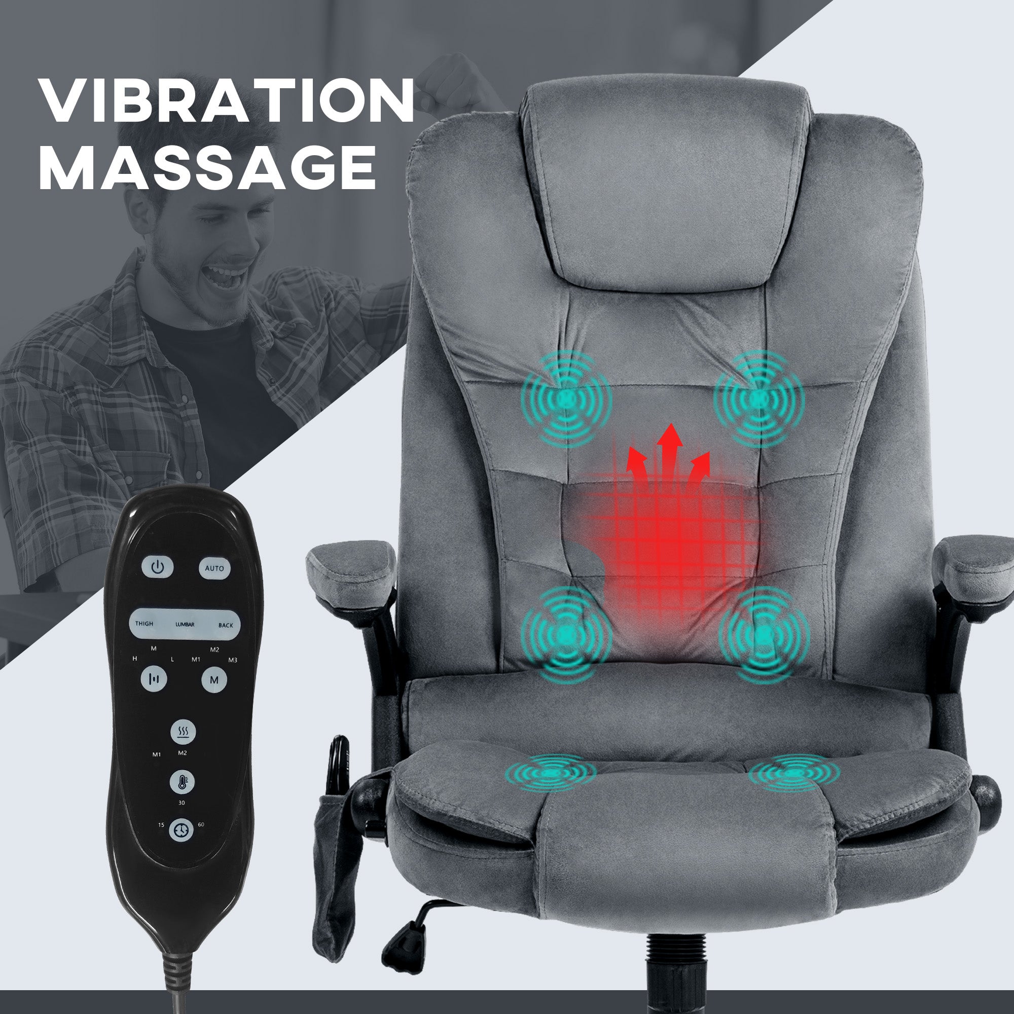 6 Point Executive Office Chair with Heat, Velvet High Back Vibrating Massage Office Chair, Dark Gray