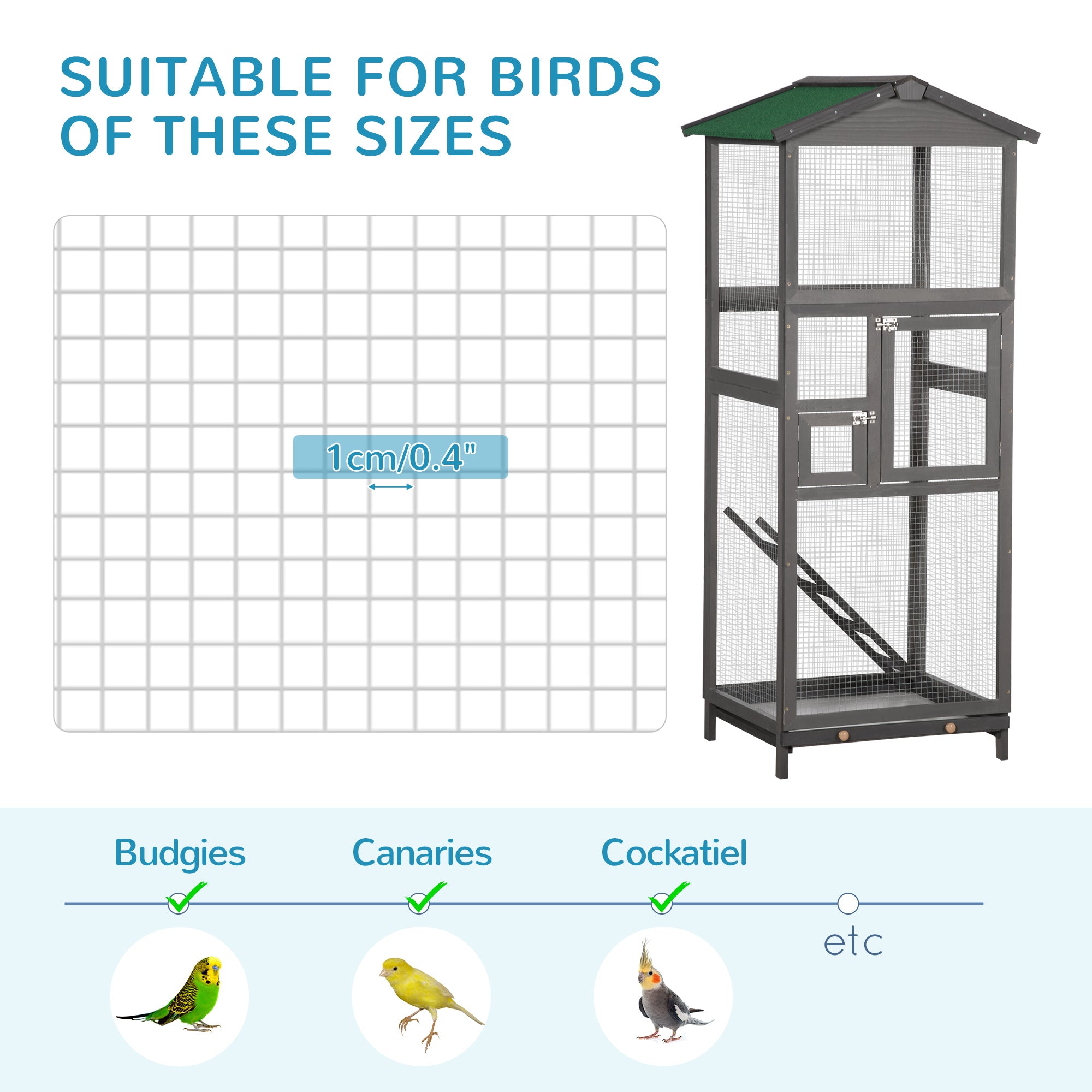 65" Wooden Bird Cage Outdoor Aviary House for Parrot, Parakeet, with Pull Out Tray and 2 Doors, Grey - Light Grey - Image 6
