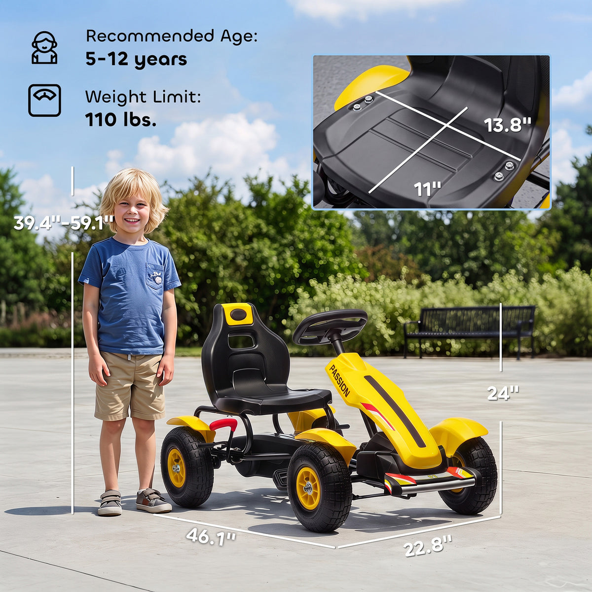 Kids Pedal Go Kart, Outdoor Ride on Toys with Adjustable Seat, Sharp Handling, Handbrake, 4 Non-Slip Rubber Wheels for Boys & Girls Aged 5-12 Years Old, Yellow