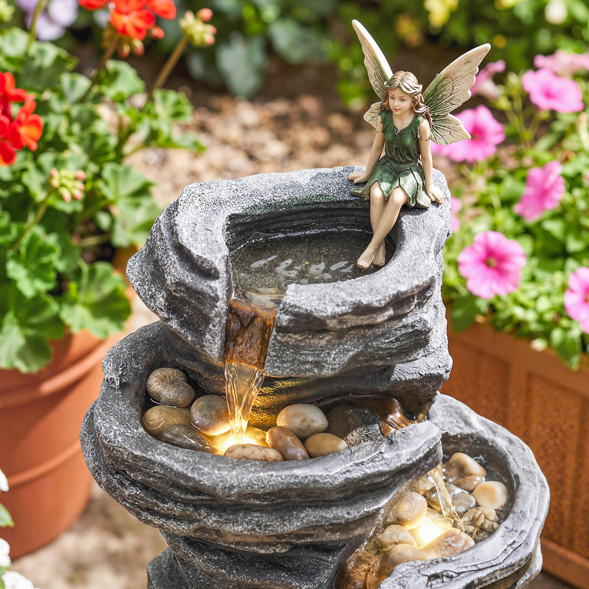 40" Tall Outdoor Waterfall Fountain with LED Lights, 6-Tier Cascading Waterfall Feature, Resin Garden Fountain, Gray