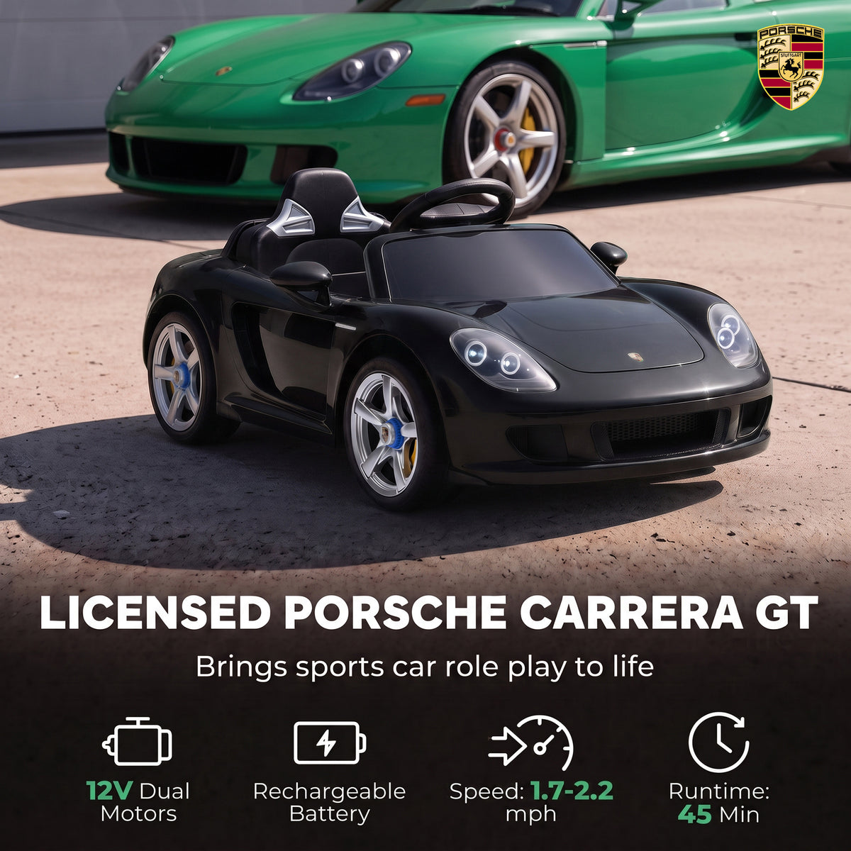 12V Kids Ride On Car, Licensed Porsche Carrera GT with Remote, Rear Suspension, Smooth Start for Ages 3-6, Black