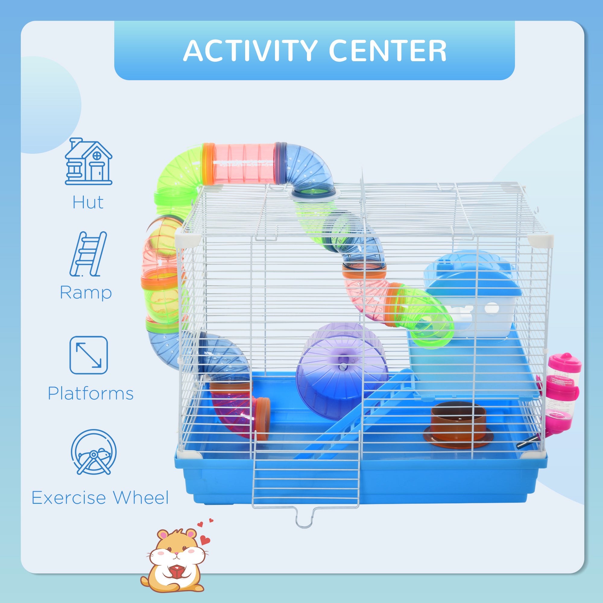 2-Level Hamster Cage Rodent Gerbil House Mouse Mice Rat Habitat Metal Wire with Exercise Wheel, Play Tubes, Water Bottle, Food Dishes, & Interior Ladder - Blue - Image 4