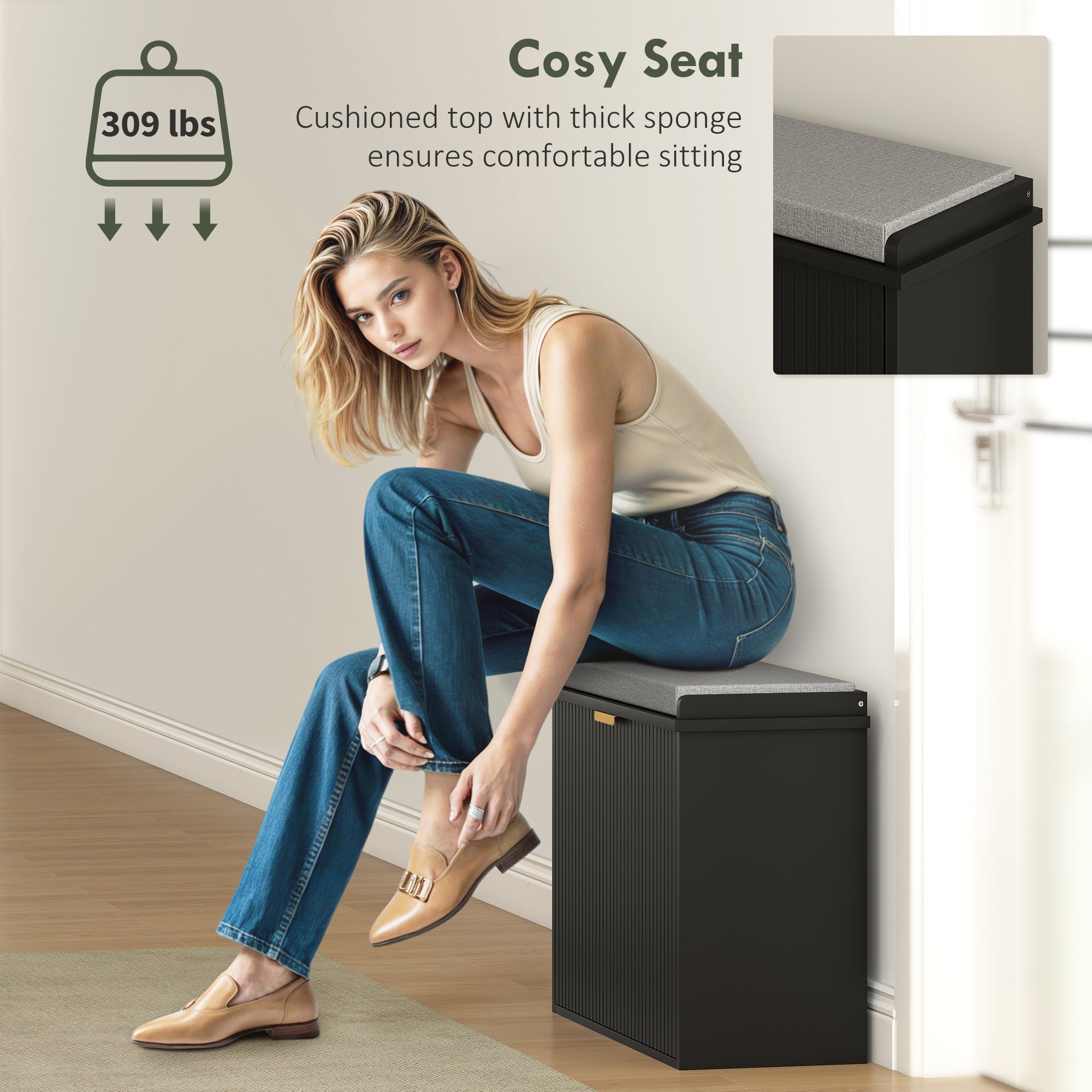Shoe Storage Bench with Padded Seat Cushion and Flip-Drawer, Entryway Bench, Shoe Cabinet, 24.4x10.2x18.7 Inches, Black