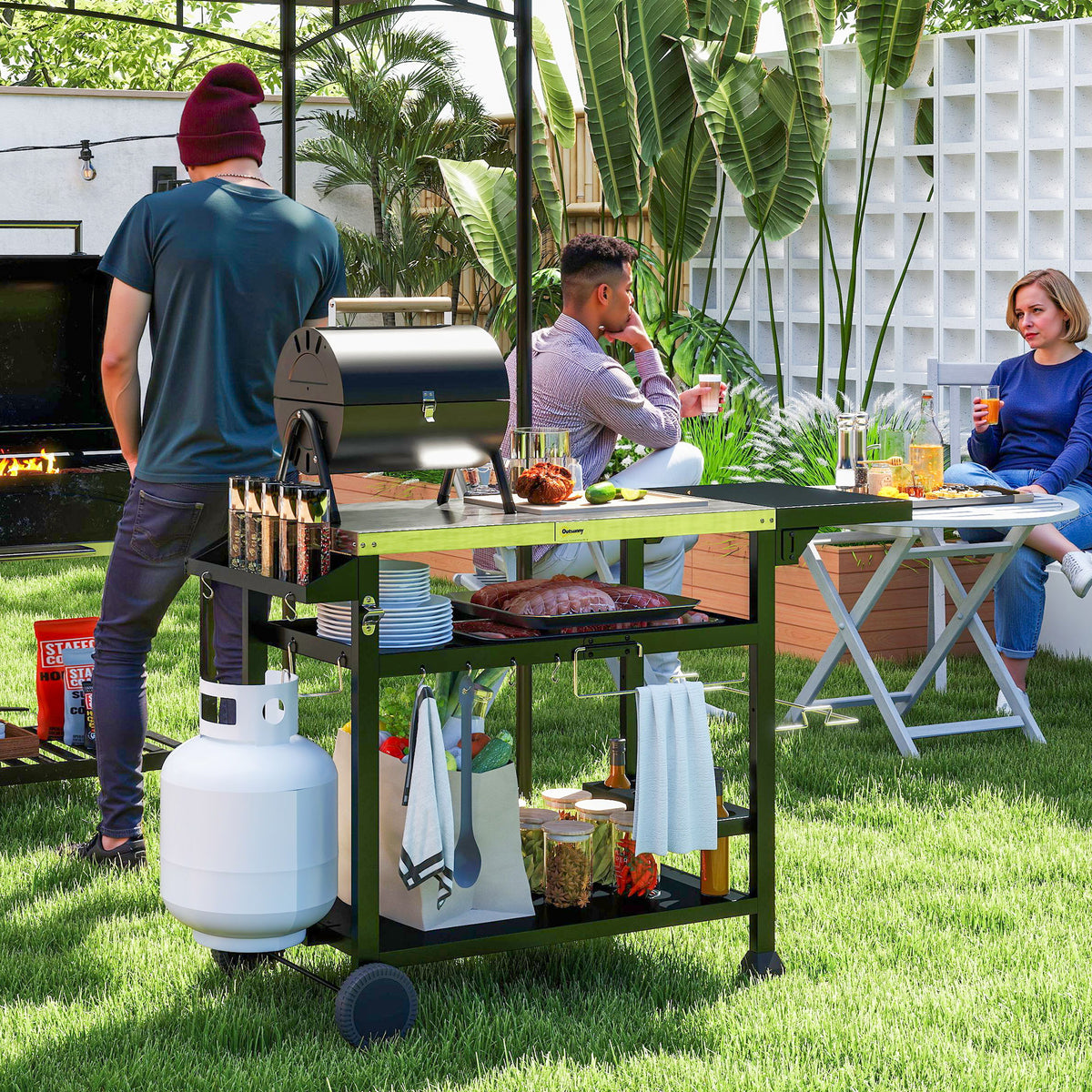 3-Shelf Outdoor Grill Cart Table with Foldable Side Table, Stainless Steel Pizza Oven Stand on Wheels, Black