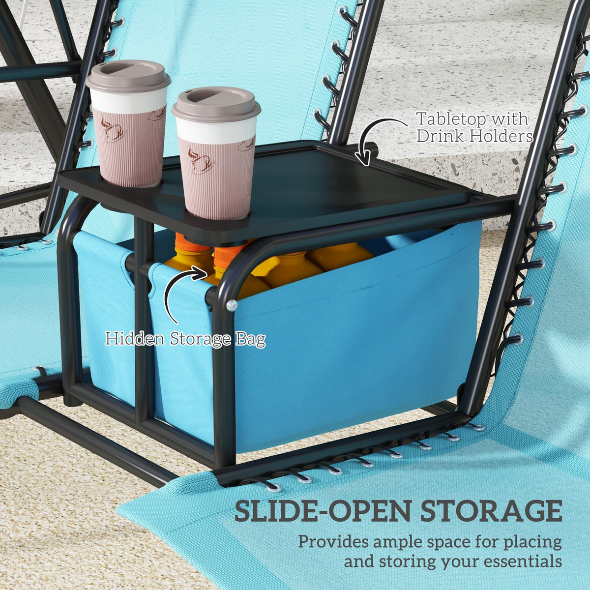2 Person Porch Swing with Canopy, Storage Table, Cup Holder, Blue