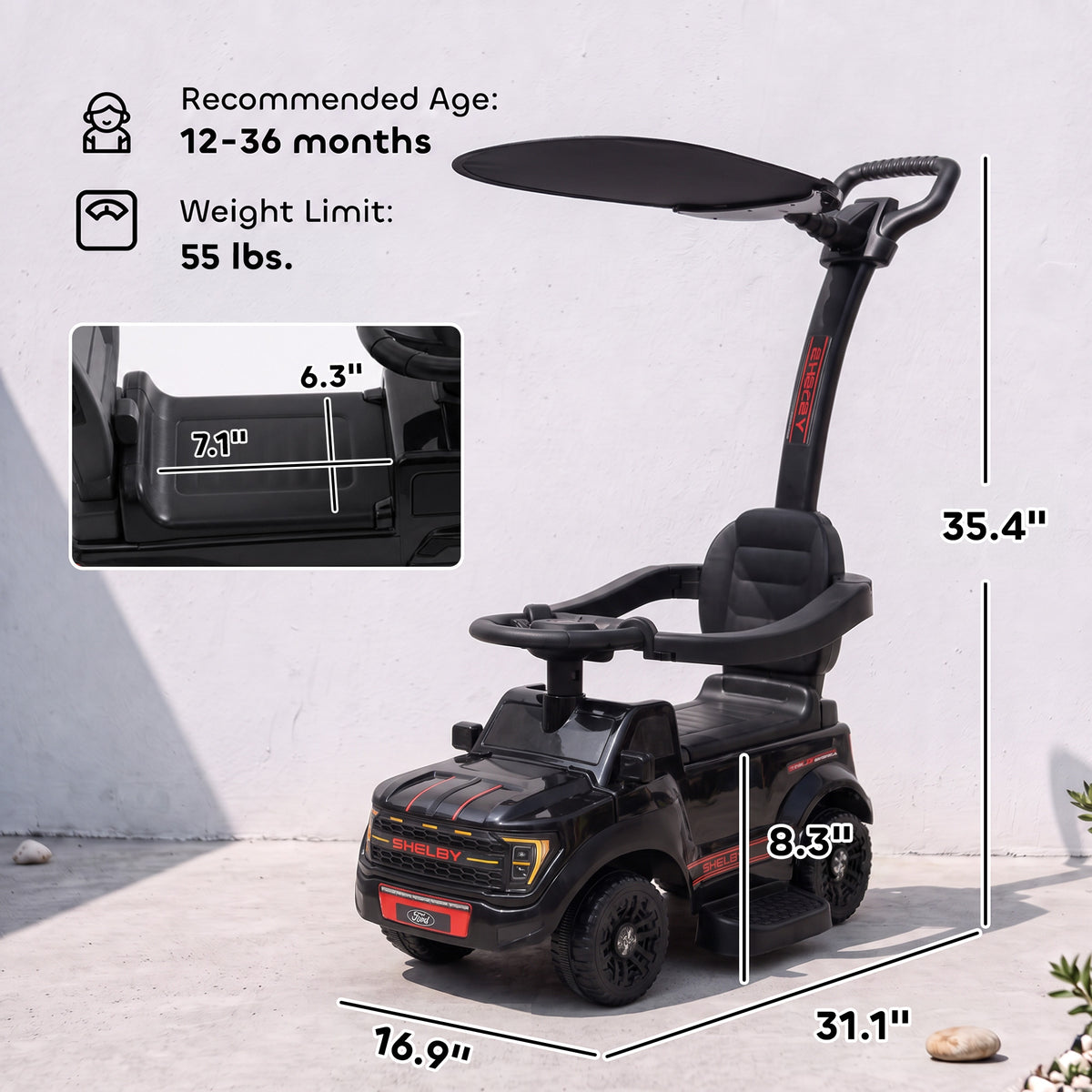 3-in-1 Push Car for 1-3, Licensed Ford Shelby Sliding Walking Car with Parent Handle, Canopy, Guardrail, Storage, Black