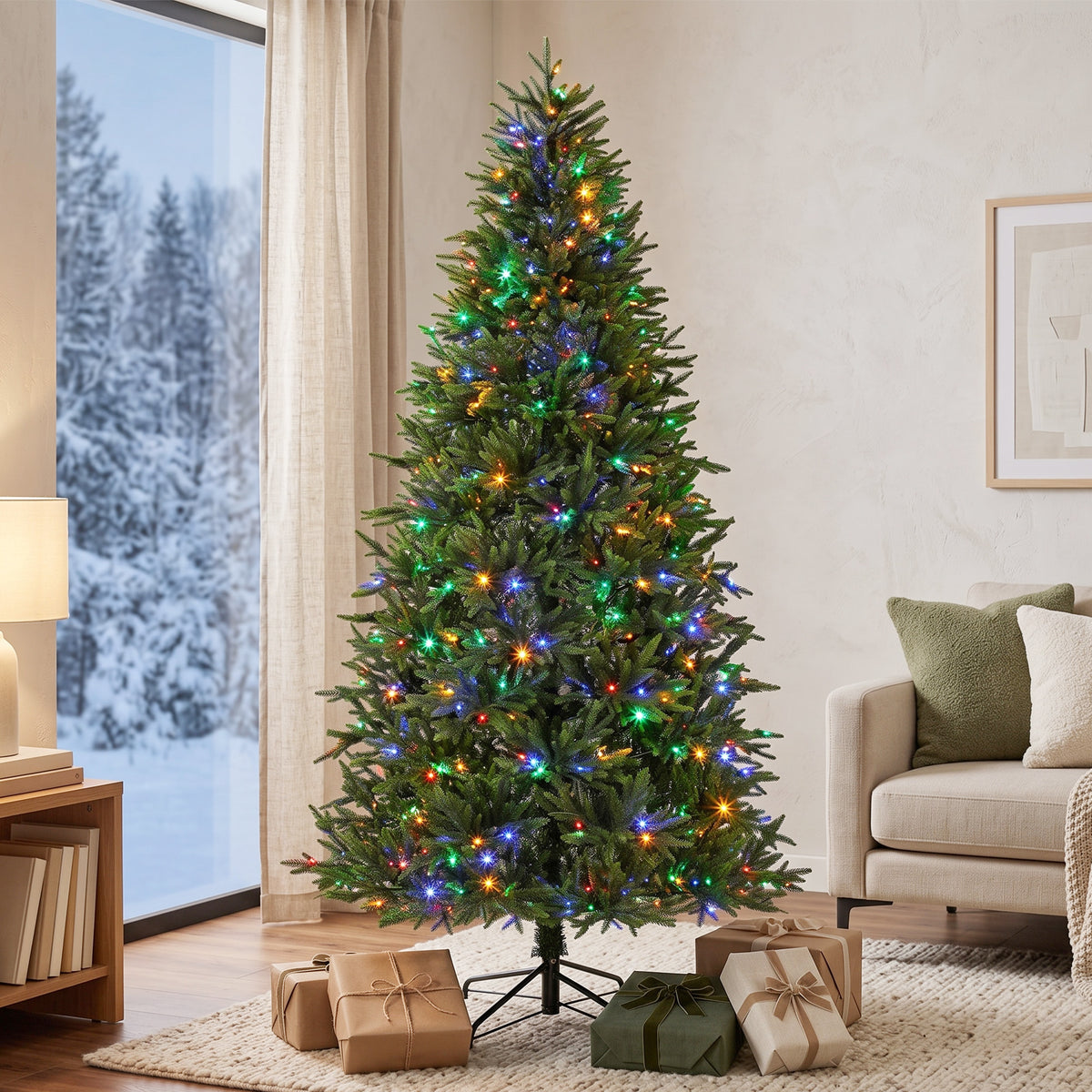 6ft Prelit Christmas Tree with Dual-Color LEDs, All Realistic Tips, Hinged Xmas Nordmann Fir with 11 Modes, Remote
