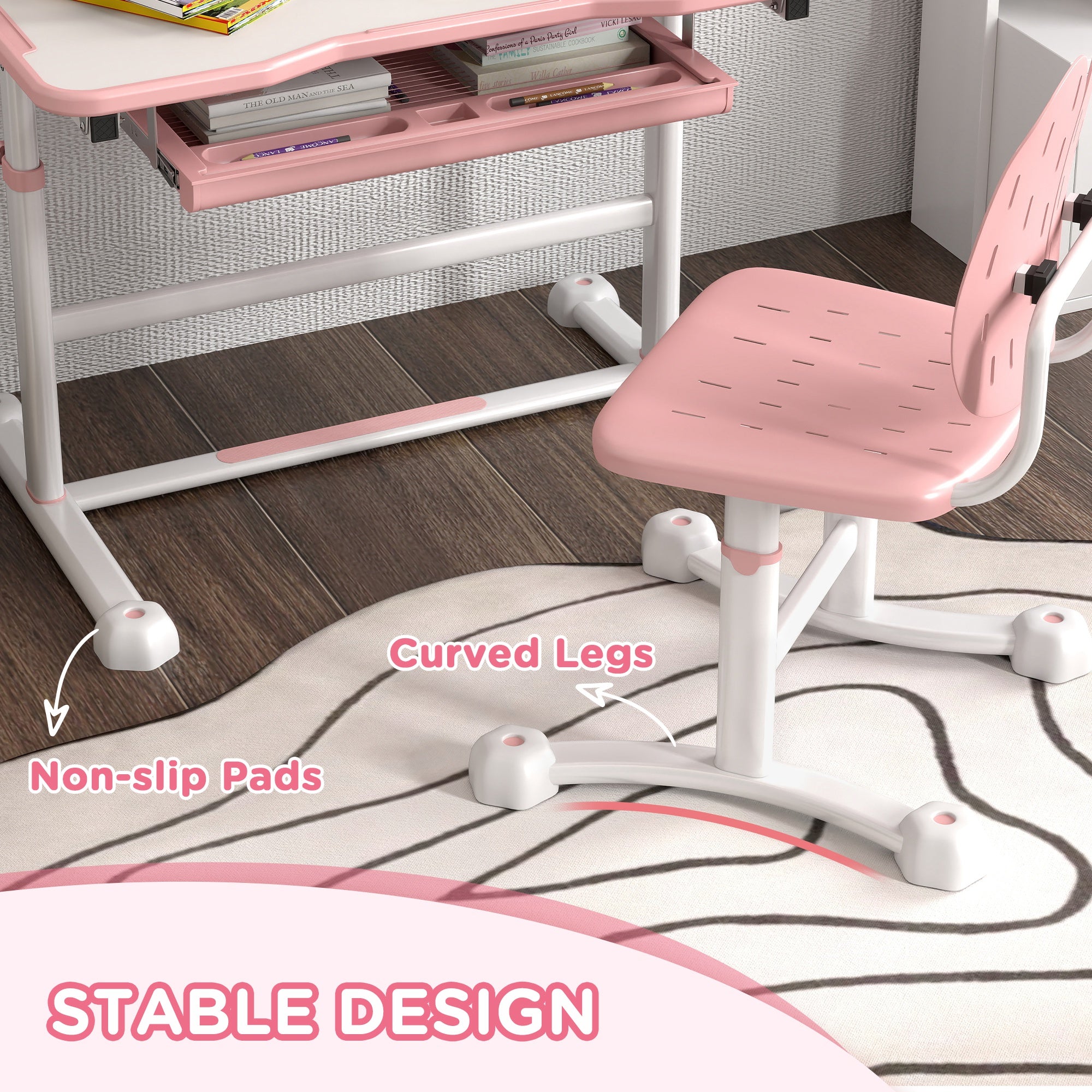 Adjustable Kids Desk and Chair Set with Tilt Desktop & Storage, Pink