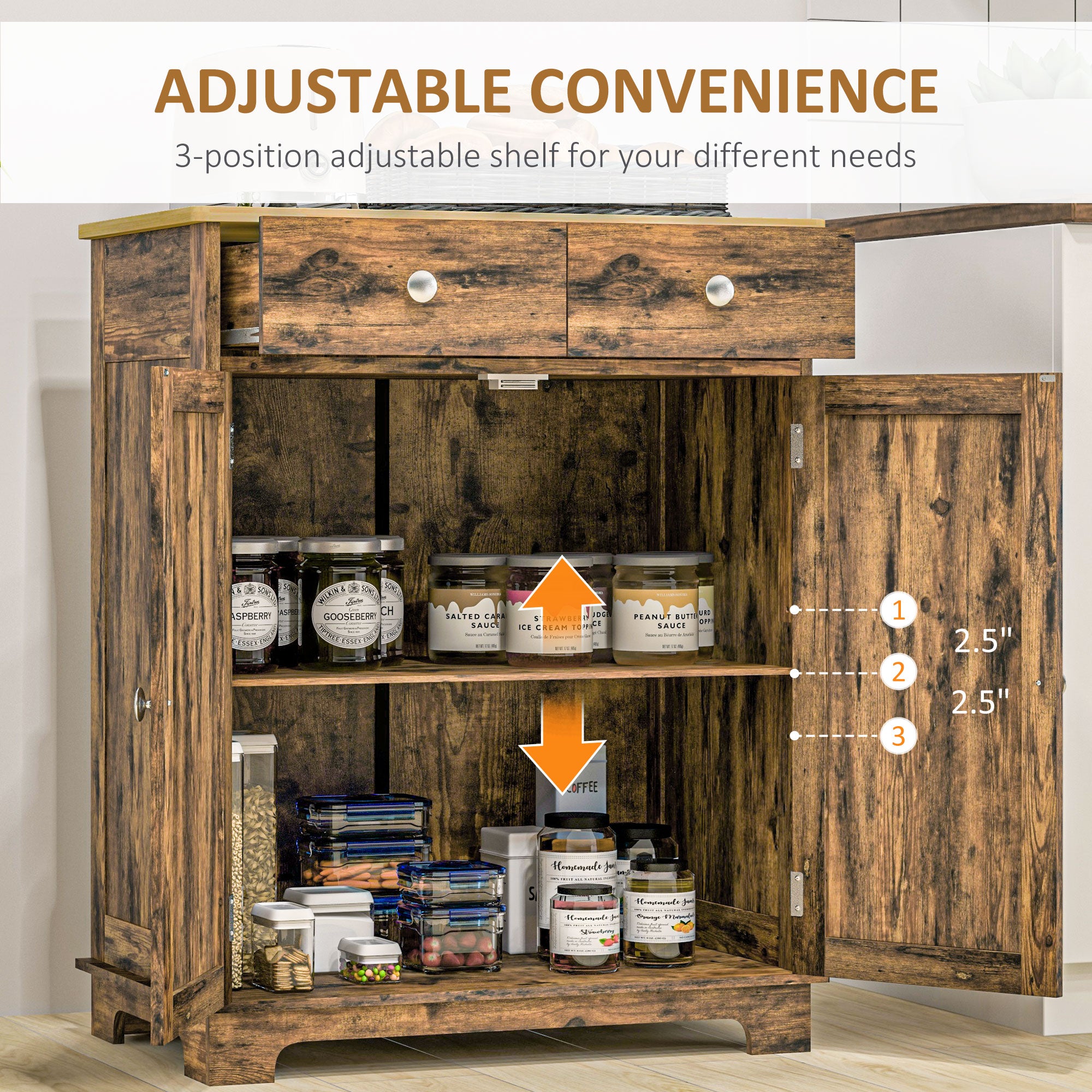 Kitchen Storage Cabinet, Sideboard Floor Cupboard with Solid Wood Top, Adjustable Shelf, and 2 Drawers, Brown
