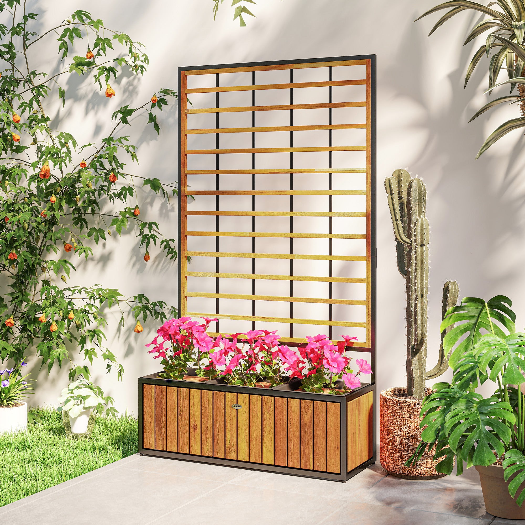 Wooden Raised Garden Bed with Trellis, Removable Pots for Backyard, Patio, Balcony, 29" x 11" x 52", Teak - Teak - Image 8