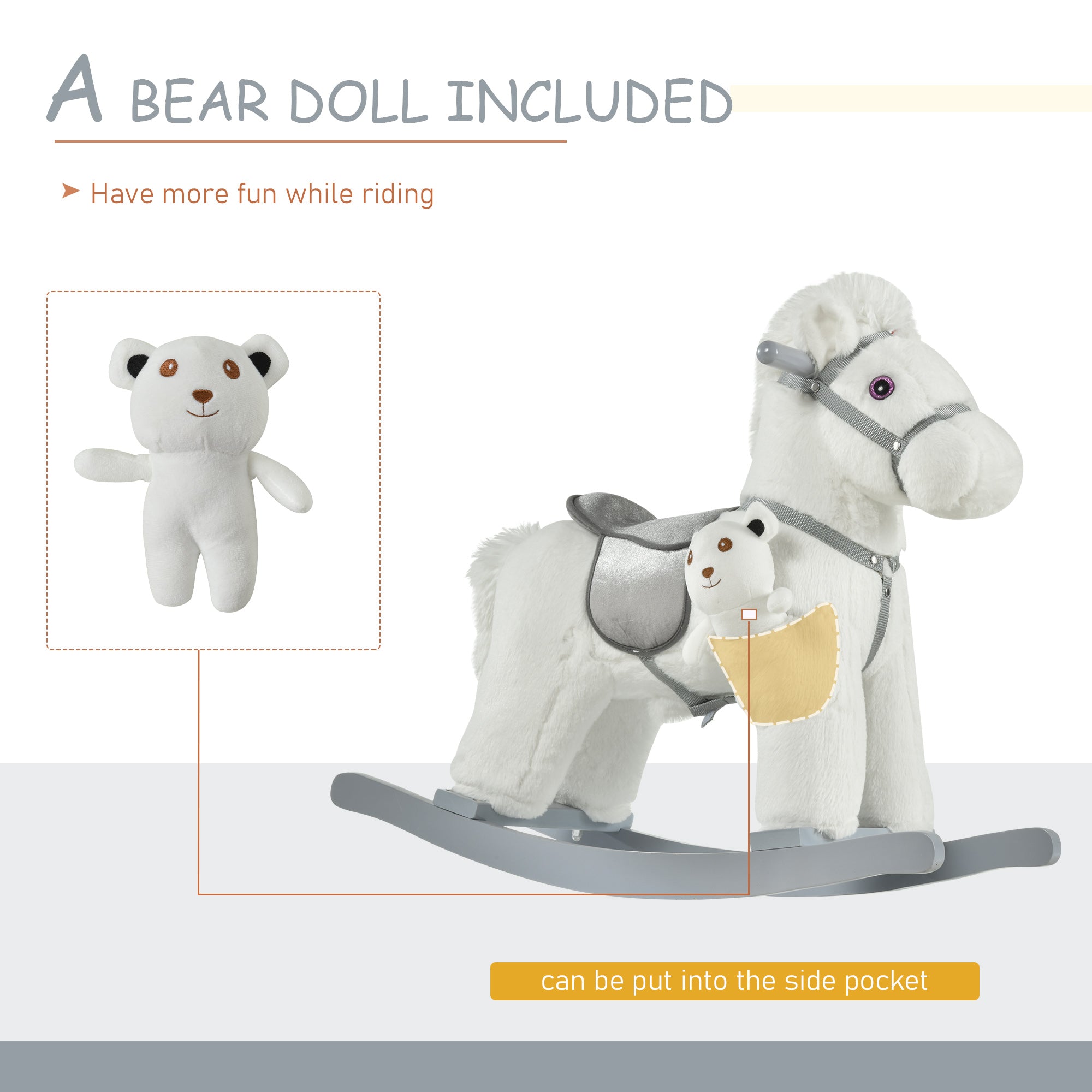 Kids Rocking Horse with Bear Toy, Plush Animal Rocker with Fun Realistic Sounds for Toddler 18-36 Months, White