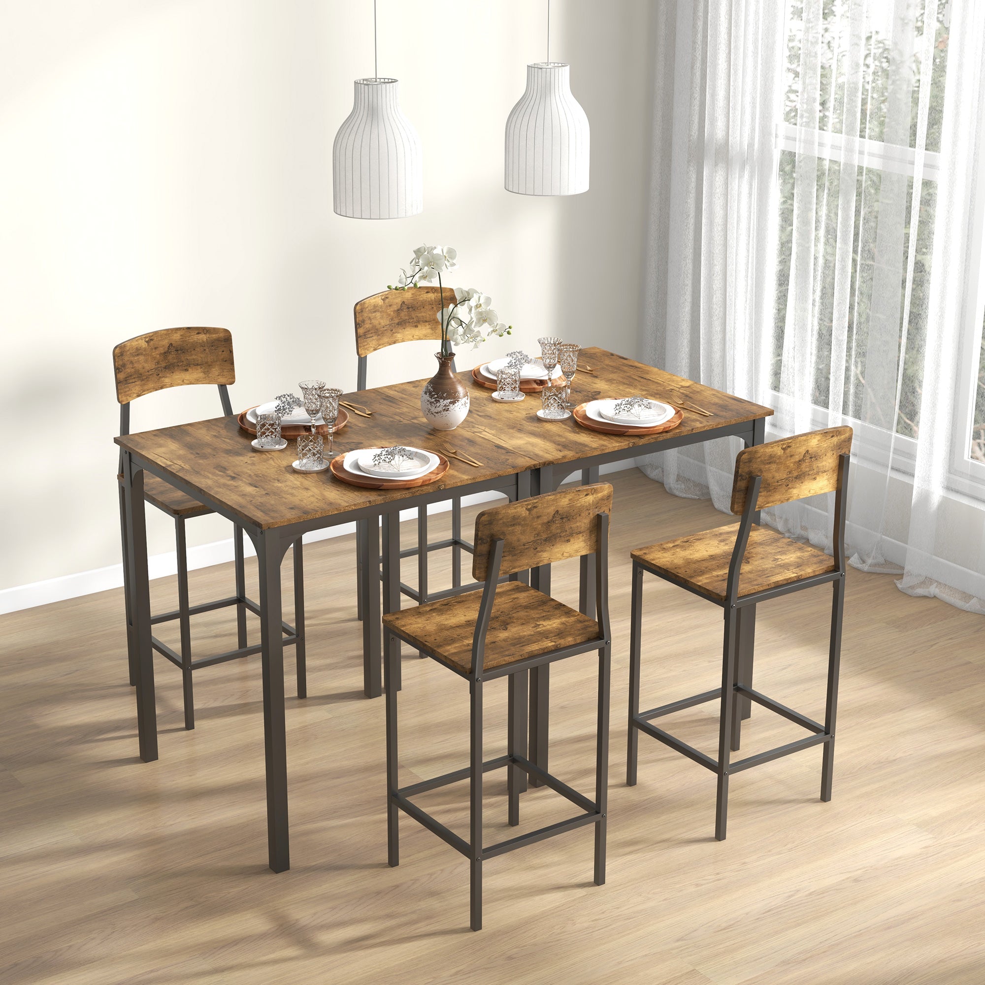3 Piece Pub Table and Chairs, Small Kitchen Table and Chairs, Square Dining Table with 2 Stools, Rustic Brown and Black