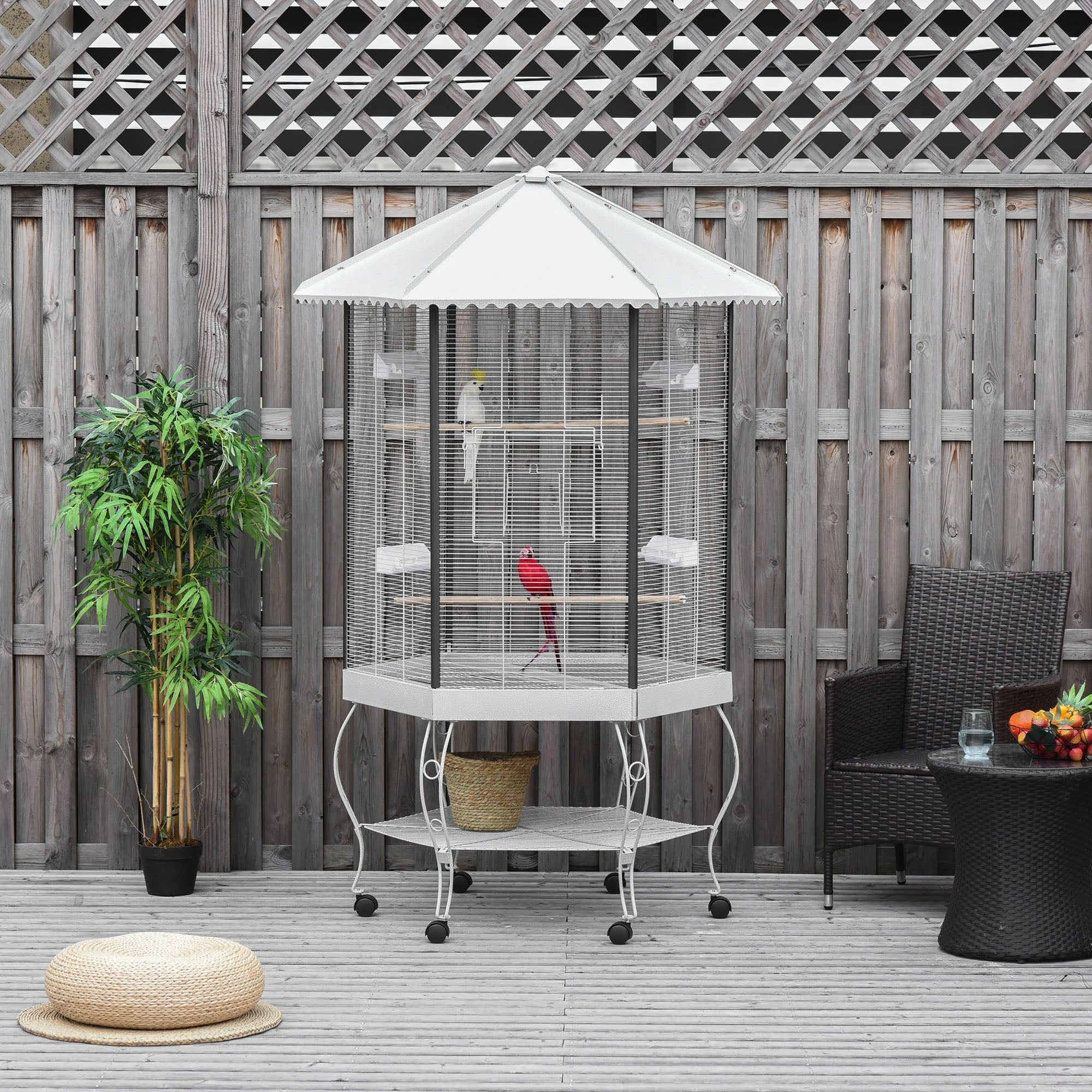 77" Flight Bird Cage Hexagon Covered Canopy Portable Aviary With Storage - White - Image 2
