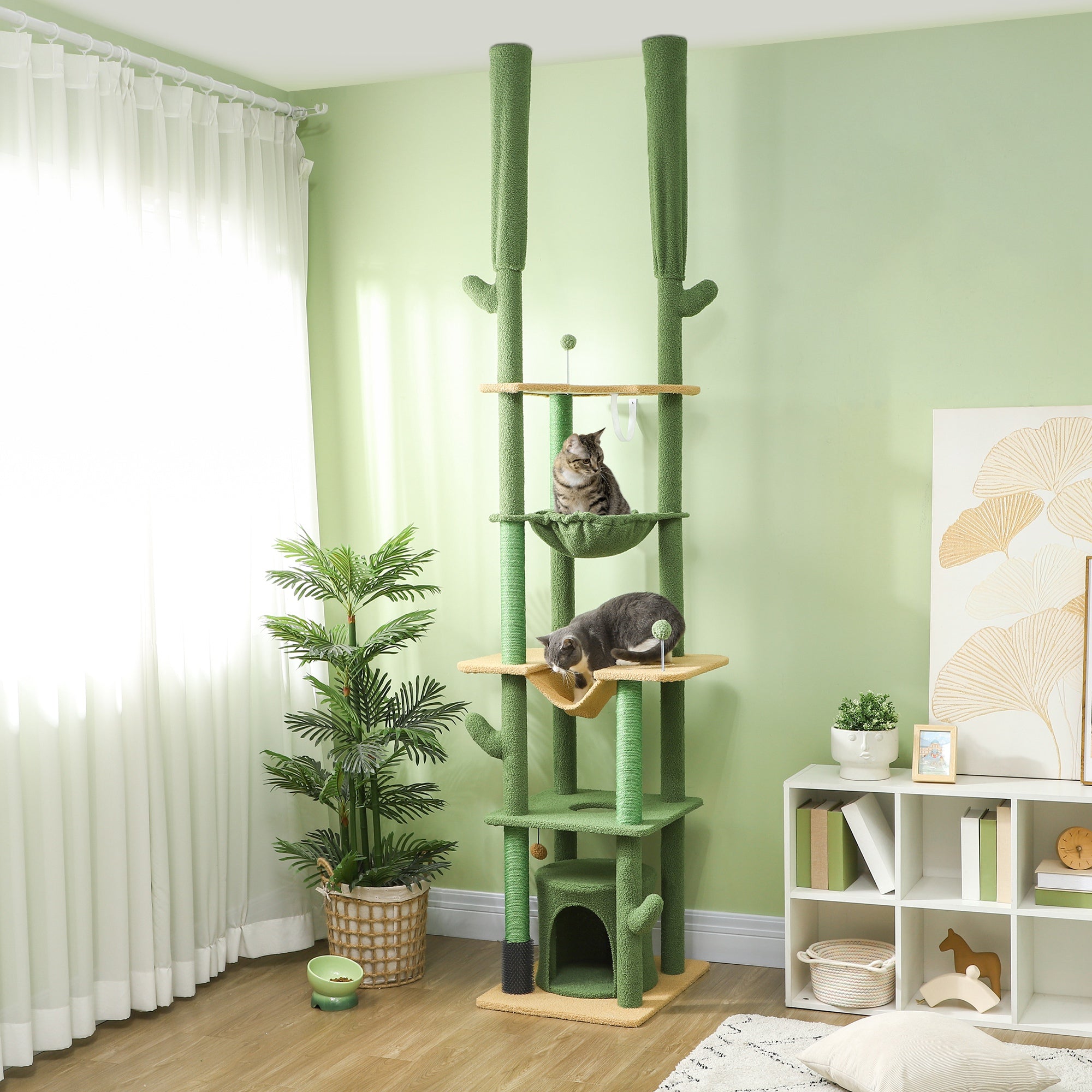 89"-100" Floor to Ceiling Cat Tree, Cat Climbing Tower with Grooming Brush Post, Cat Condo, Hammock, Green - Green - Image 2