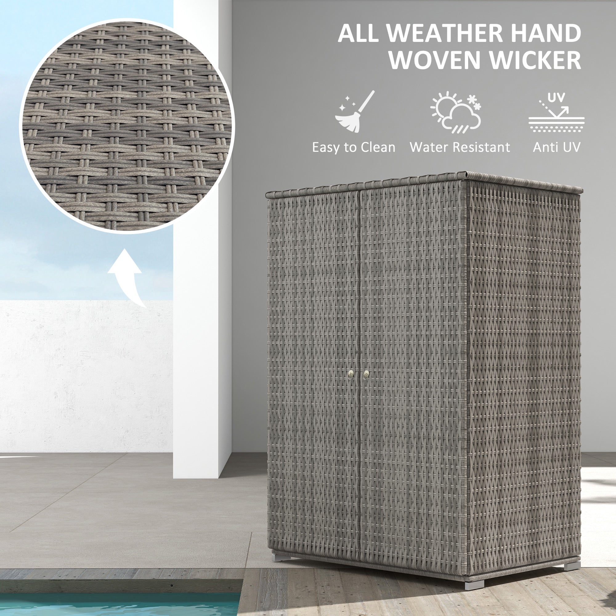 Outdoor Storage Cabinet with Shelves, Rattan Pool Towel Storage Cabinet with Removable Shelf & Drawer, Dark Gray - Dark Gray - Image 5