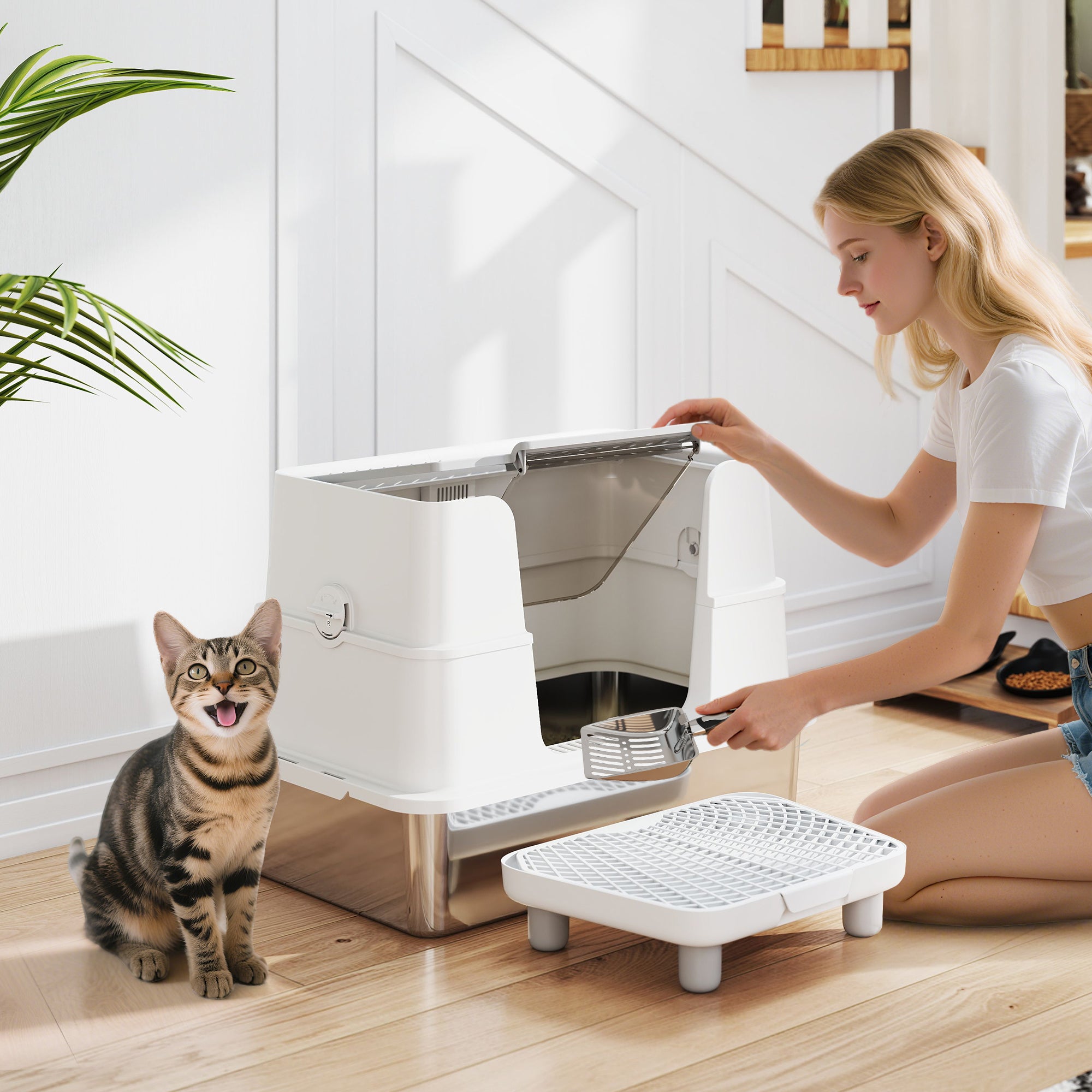 XL Stainless Steel Litter Box w/ 100° Flip Top, Scoop, Step, Top & Side Entry Enclosed Litter Box for Big Cats - Light Gray - Image 2