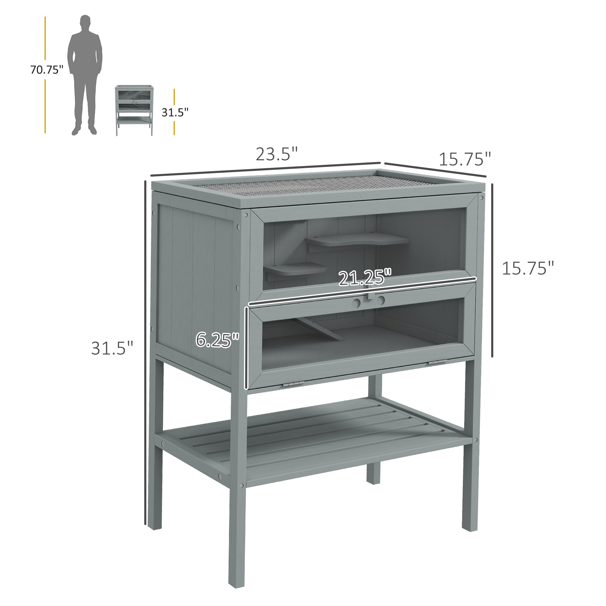 3-Tier Wooden Hamster Cage Mice and Rat Cage Small Animals Hutch with Openable Top, Front Door, Storage Shelf, Gray - Gray - Image 3