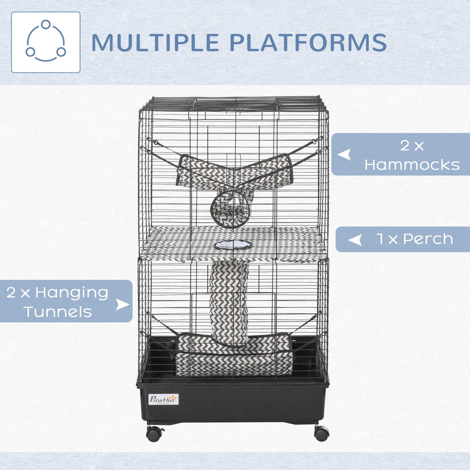 42" Ferret Cage, Small Animal Habitat Metal Pet Cage with Wheels Brakes, Hammocks, Hanging Tunnels, and 3 Doors, Black - black - Image 7