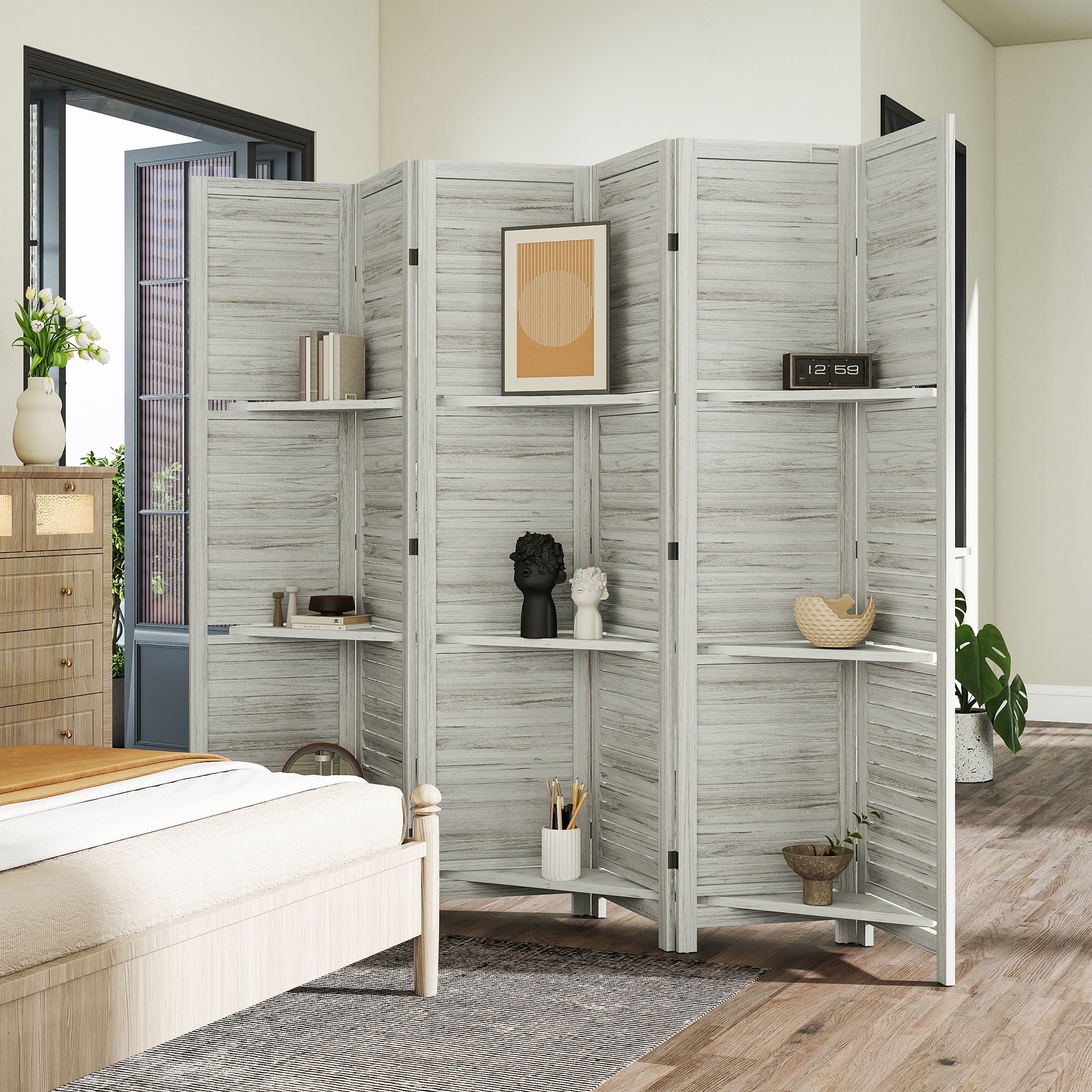 6 Panel 67" Tall Wood Privacy Screen Room Divider with 3 Shelves and Folding Storage for Bedroom, White